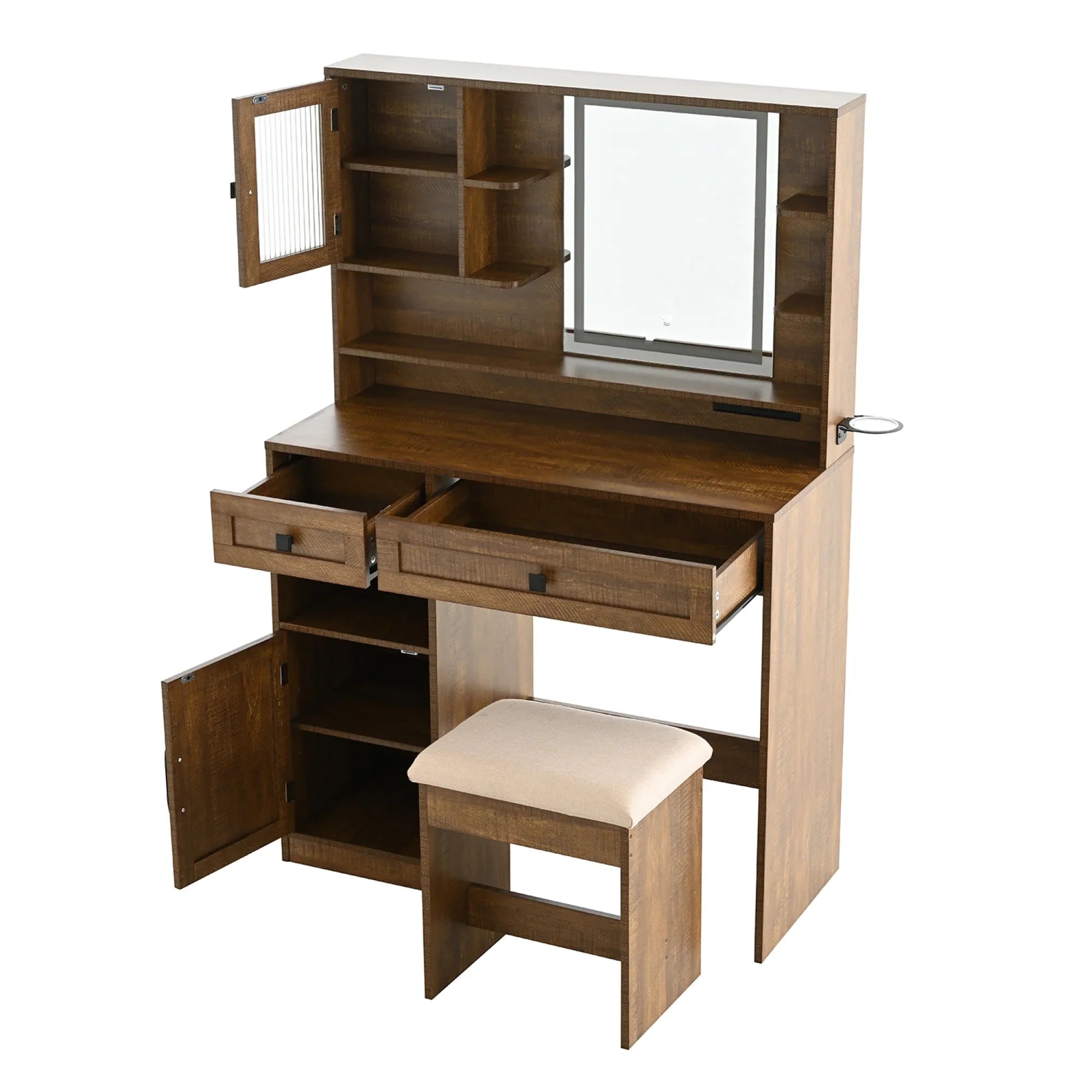 2026 New Farmhouse Makeup Vanity Desk with Mirror and Lights,Dressing Table Set with Charging Station and Stool,Drawers,Shelves and Side Cabinet,White - Image 5