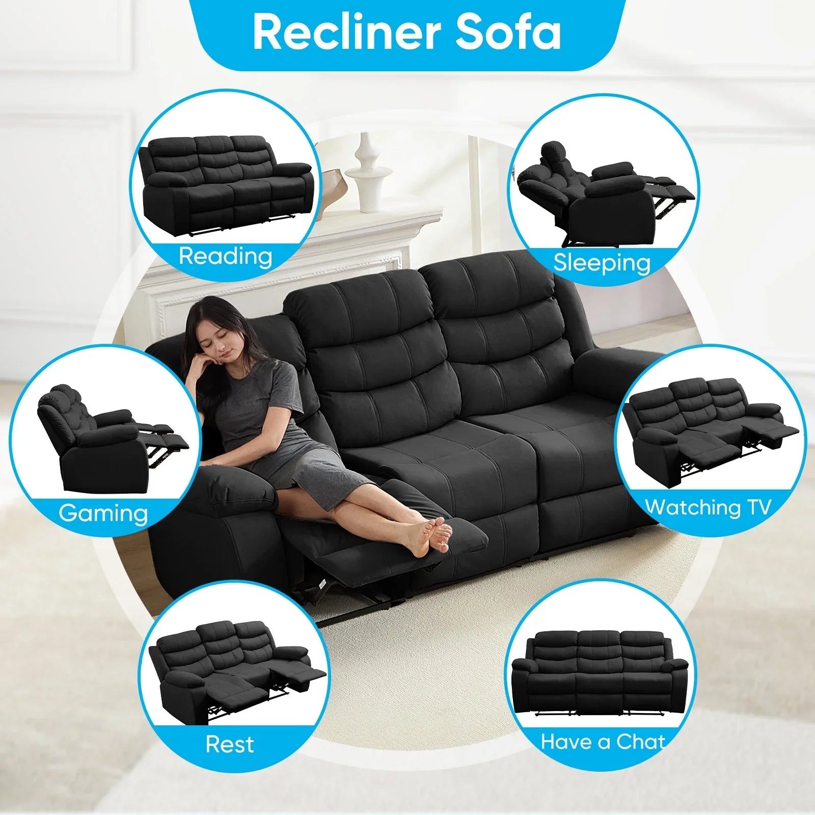 2026 New MUZZ Modern Reclining Sofa,3-Seater Recliner Sofa with Cup Holders, Flip-Up Storage, Reversible Backrest and Footrest, Gray - Image 9
