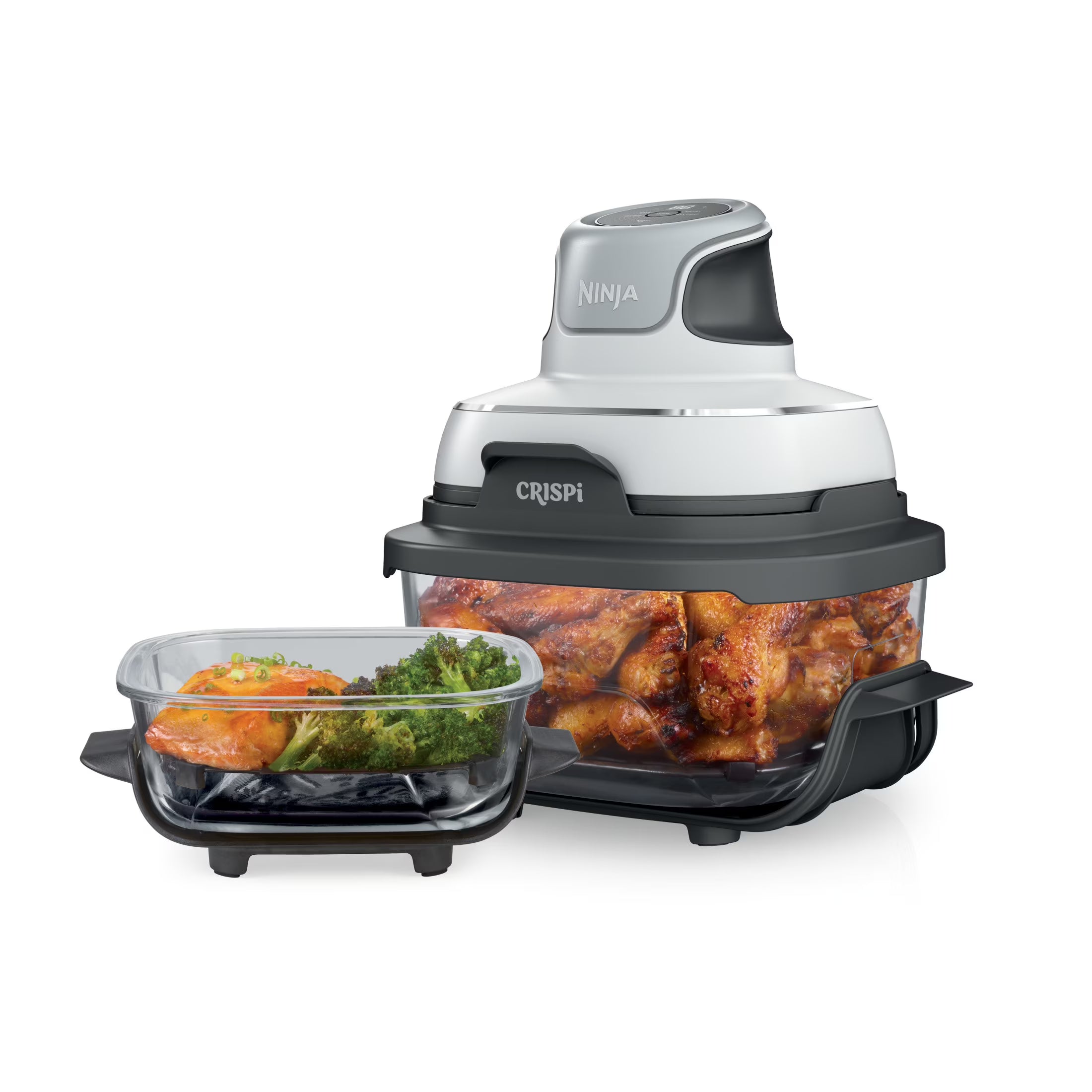 2026 New Ninja Crispi 3-in-1 Portable Glass Air Fryer Cooking System, 1500W, 4-Qt & 5-Cup TempWare Glass Containers with Storage Lids, Microwave, Freezer & Dishwasher Safe, White, FN100WH