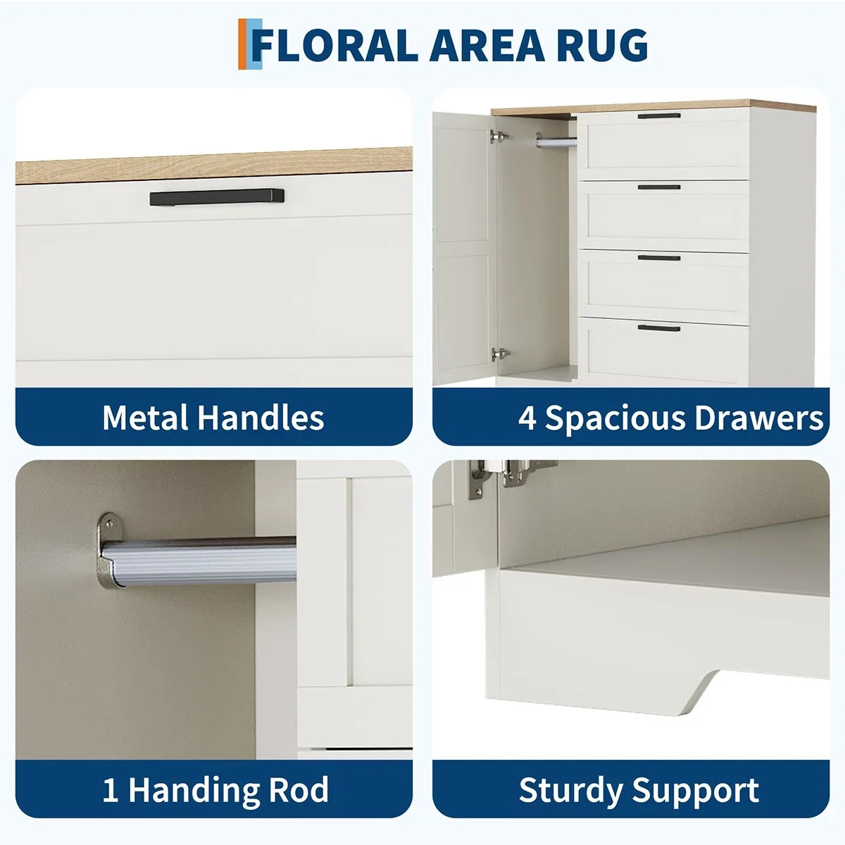 2026 New Ataucjin Wood Armoire Wardrobe Closet with 4 Drawers and Door, 43.3" H Bedroom Wardrobe Cabinet with Hanging Rod, Clothing Storage Cabinets, 4 Drawers Dresser with Storage Closet - Image 19