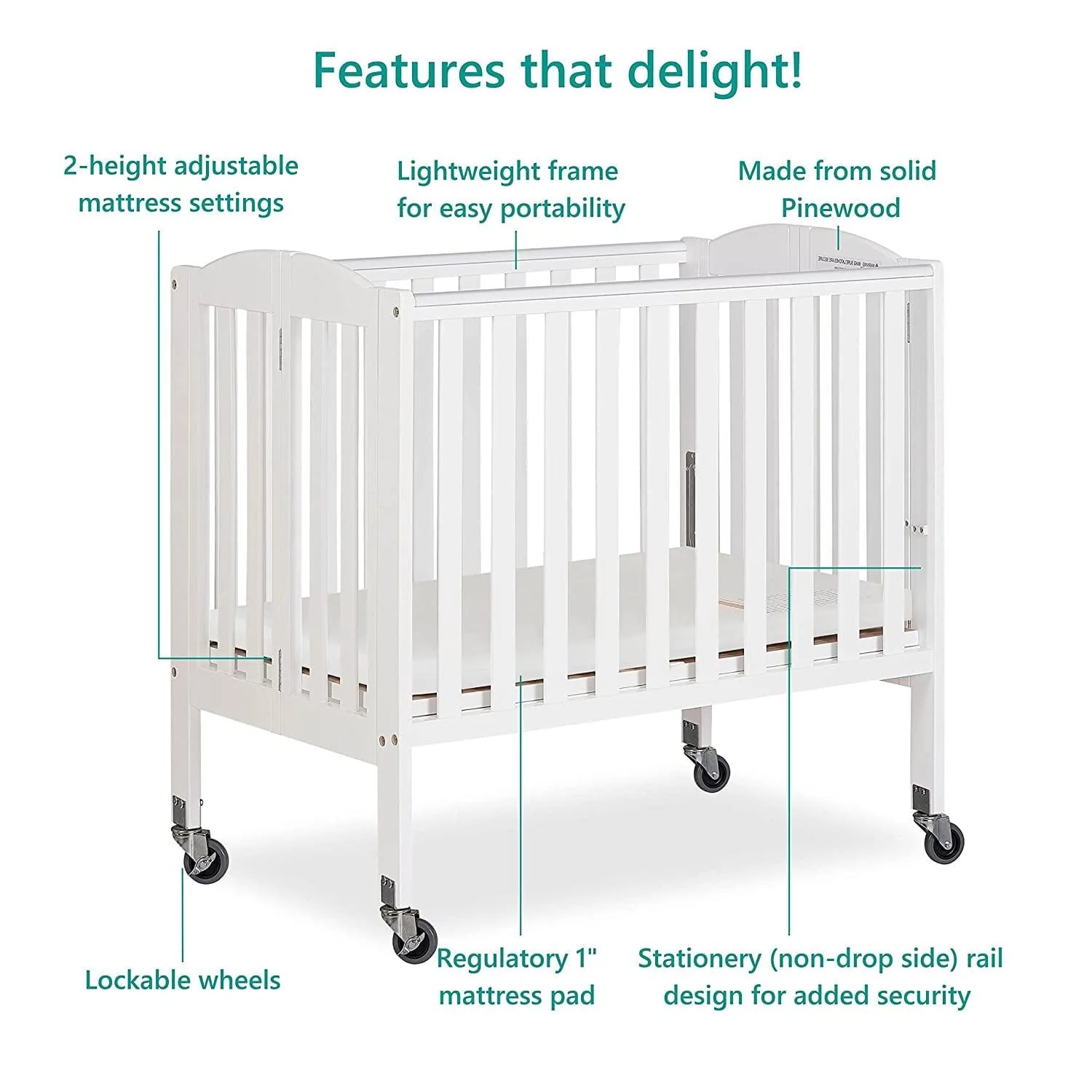 2026 New Dream On Me 2-in-1 Folding Portable Mini Crib in White. Mattress Pad Included. Easy to Fold and Store Baby Crib. Two Adjustable Mattress Height positions Convertible Crib - Image 5