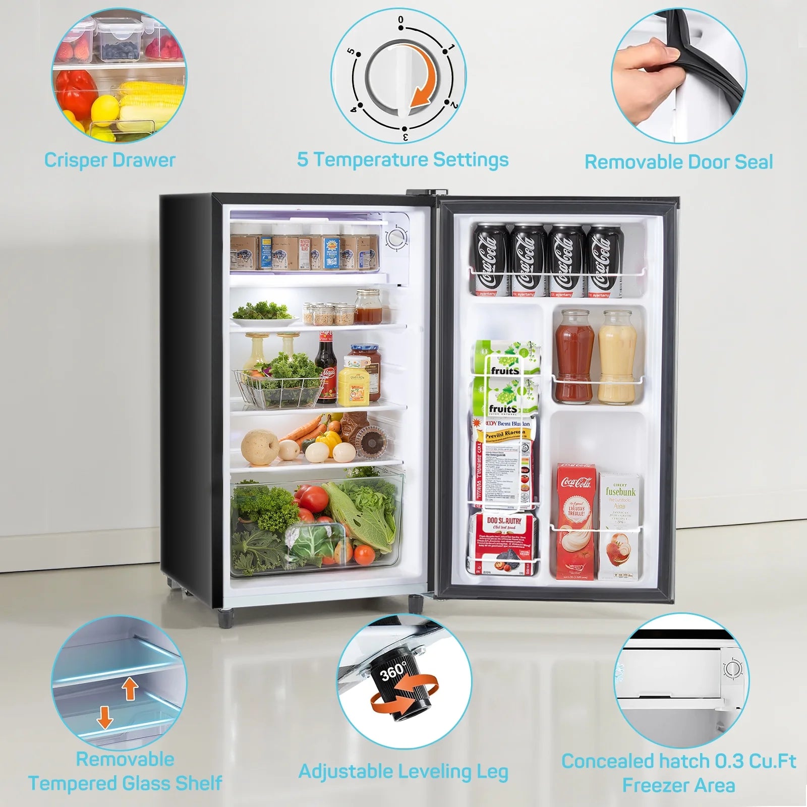 2026 New Upgraded Mini Fridge with Freezer, Compact Single Door, 3.2 Cu.Ft , Adjustable Thermostat, Low Noise, Perfect for Bedroom, Dorm, Office, 17.5" D x 17.7" W x 31.5" H, Black - Image 5