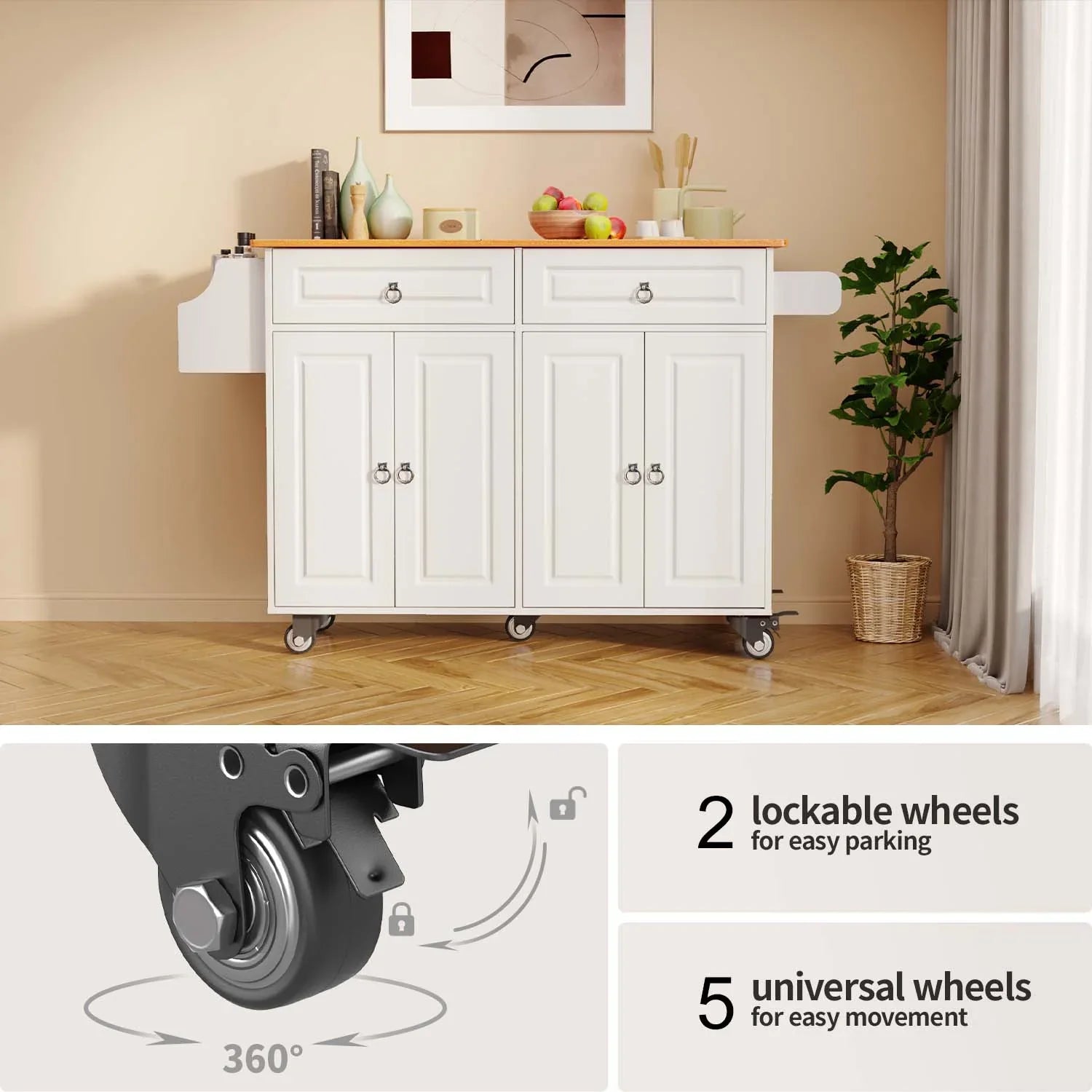 2026 New Lofka 52-Inch Kitchen Island with Storage on Wheels with Wood Drop Leaf, Ideal for Small Kitchens - Image 9