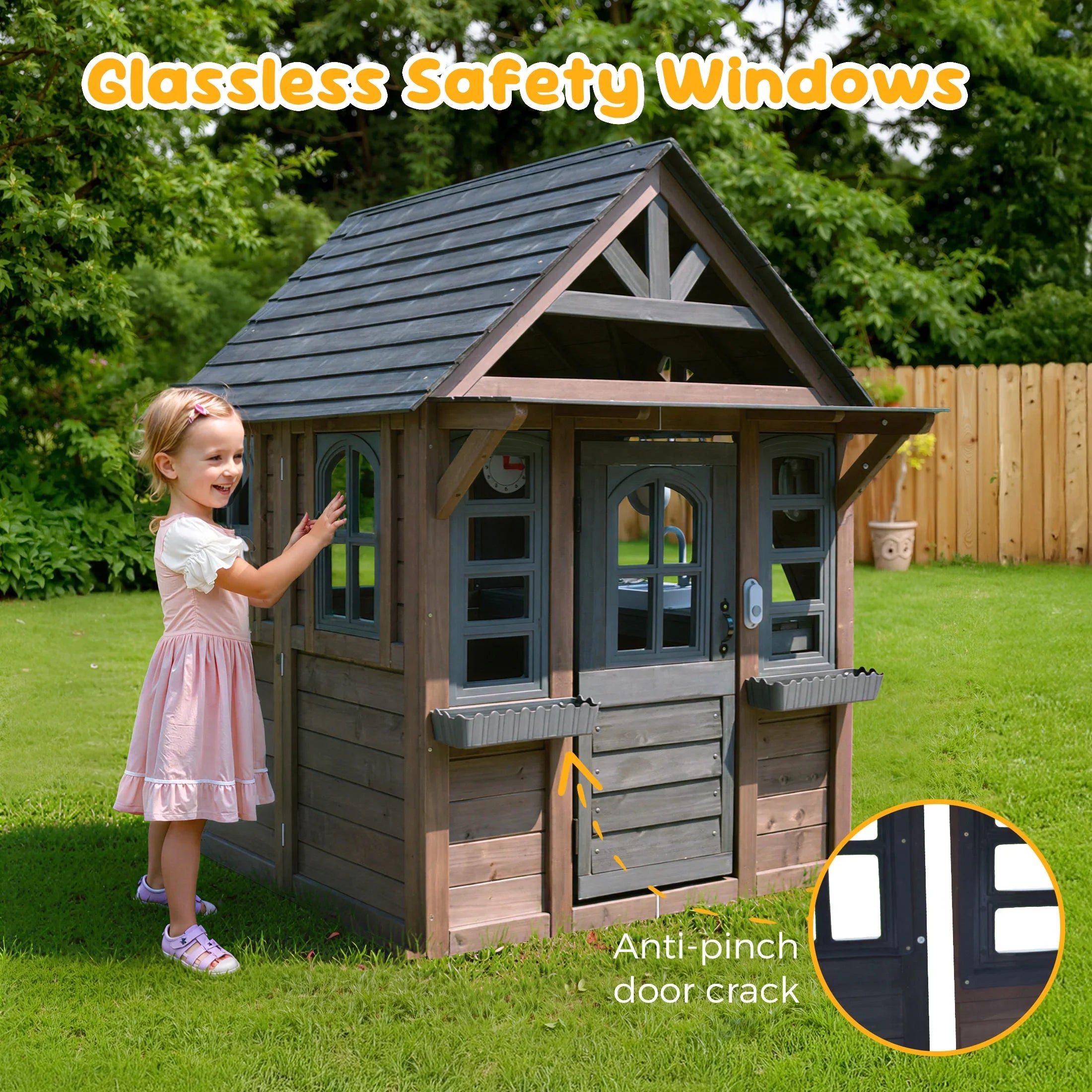 2026 New COCLUB Outdoor Playhouse for Kids Ages 4-8, Wooden Play House with Doorbell, Phone, Kitchen Toys, Outdoor Kids Play Equipment, Casa Para Niñas (45”L x 65”H), White & Black - Image 23