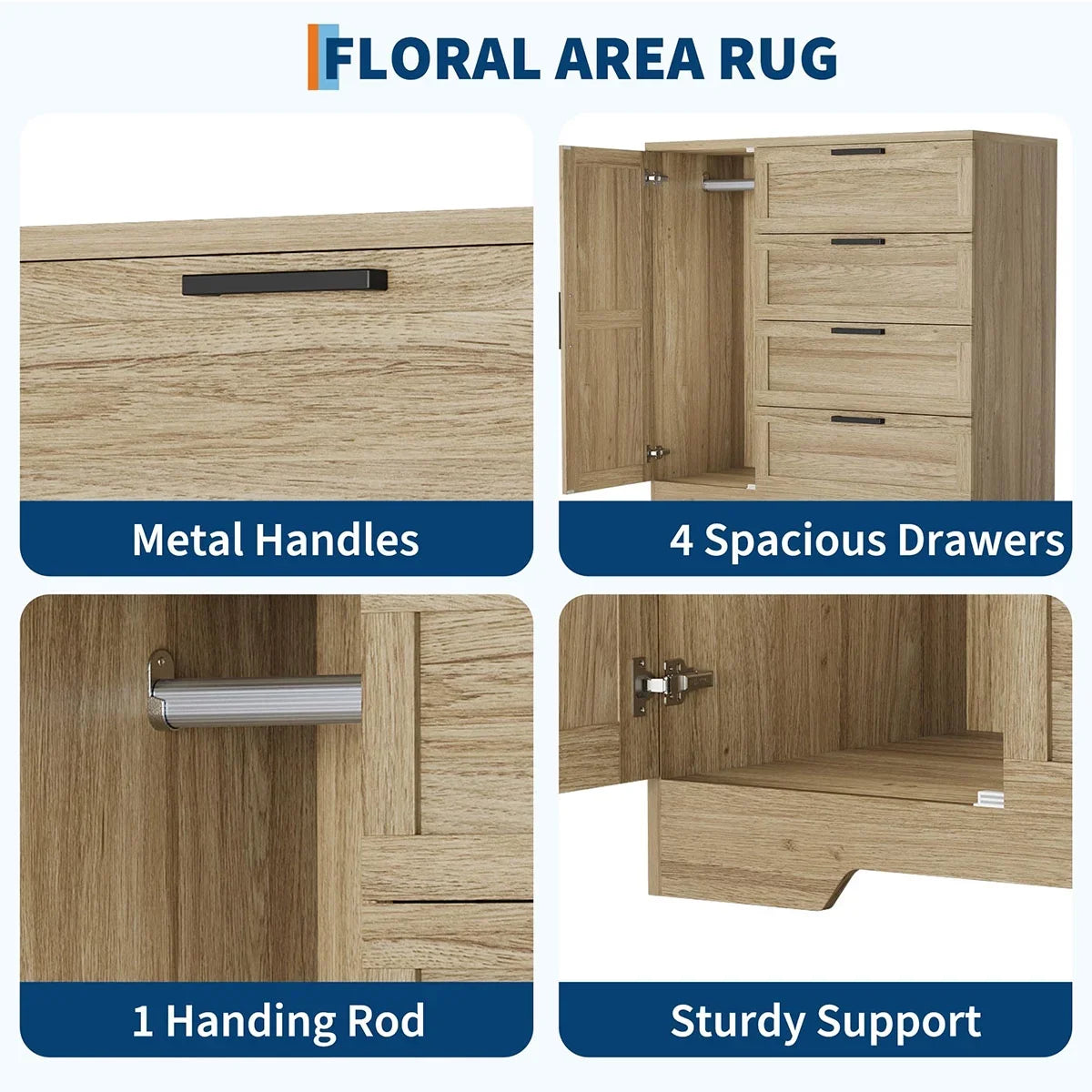 2026 New Ataucjin Wood Armoire Wardrobe Closet with 4 Drawers and Door, 43.3" H Bedroom Wardrobe Cabinet with Hanging Rod, Clothing Storage Cabinets, 4 Drawers Dresser with Storage Closet - Image 7
