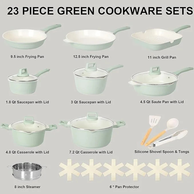 2026 New Romswi Nonstick Pots and Pans Set, 23 Piece Induction Cookware Sets Non-stick Ceramic Kitchen Sets with Utensil, Green - Image 8