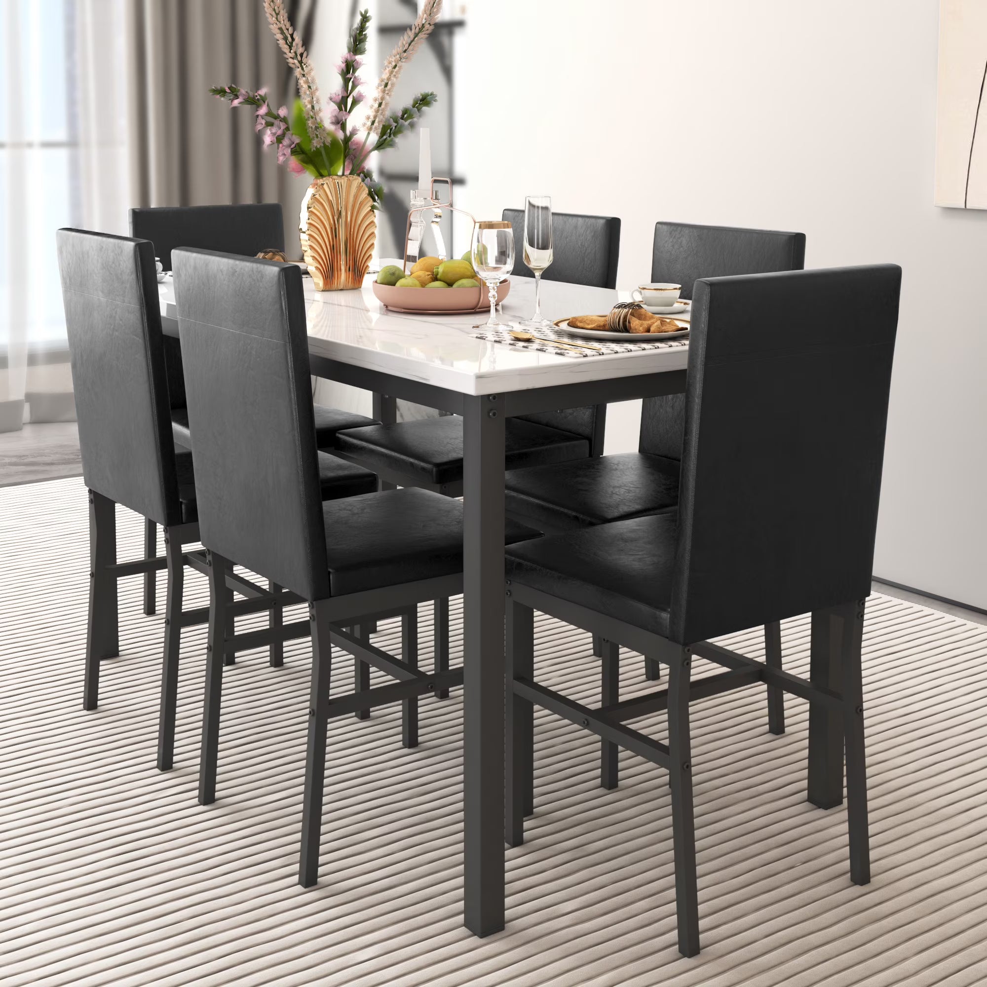 2026 New Dining Table with 6 High-back Upholstered Chairs, Modern Dinette Set, Dining Table and Chairs Set for 6 Persons, Small Home Kitchen Dining Table Set, Ideal for Apartment Breakfast Nook Bar, B1470