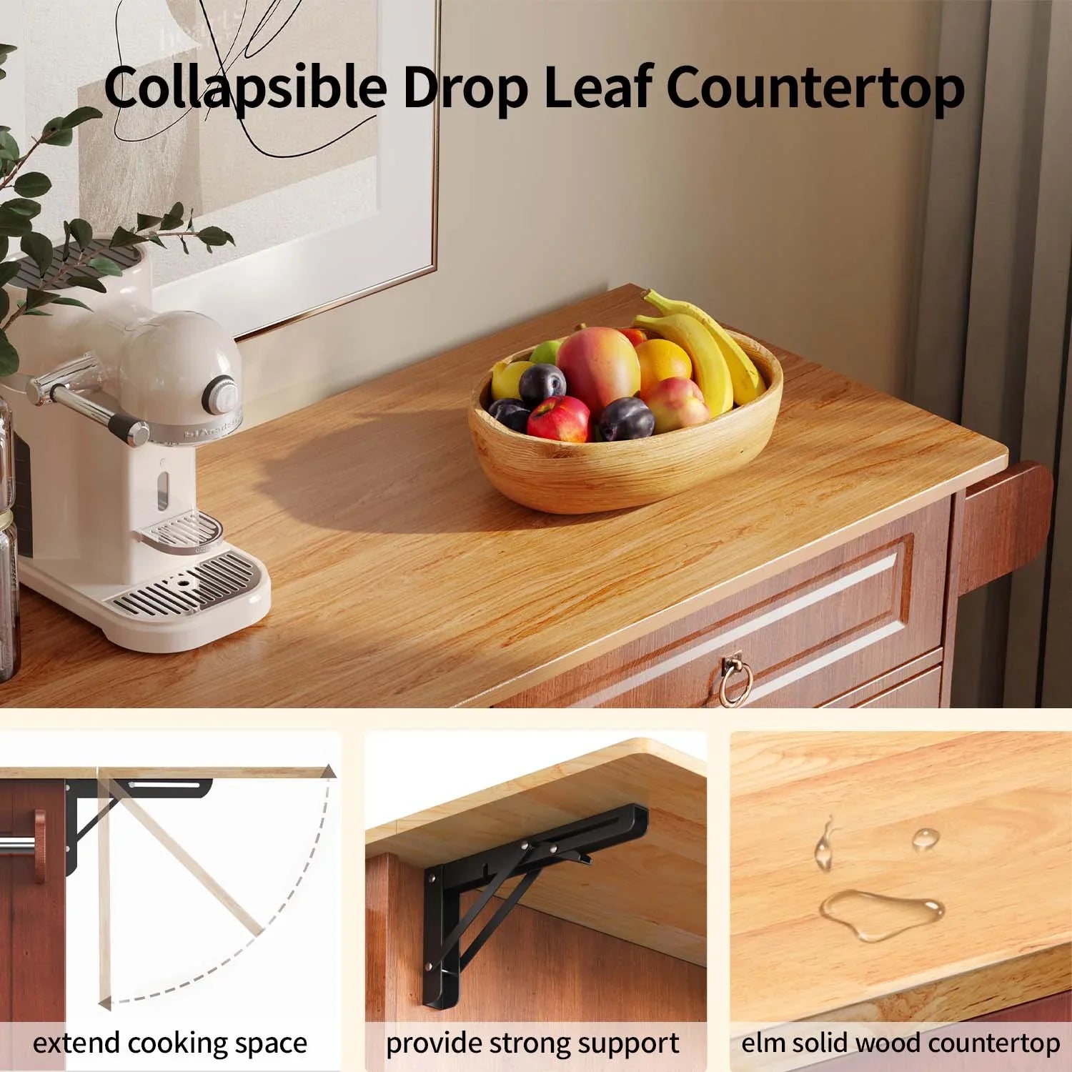 2026 New Lofka 52-Inch Kitchen Island with Storage on Wheels with Wood Drop Leaf, Ideal for Small Kitchens - Image 18