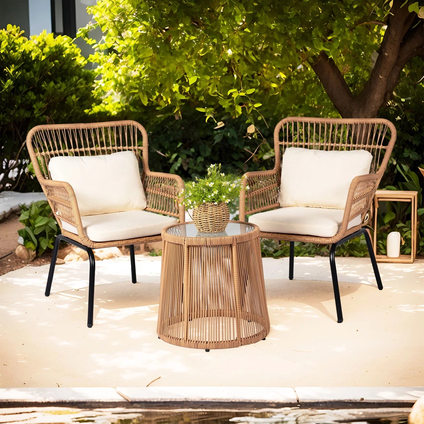 2026 New Tappio 3-Piece Patio Conversation Bistro Set Rattan Furniture, Outdoor Patio Set w/Glass Top Table & Cushions for Garden Balcony Backyard Poolside, Yellow/Beige - Image 13