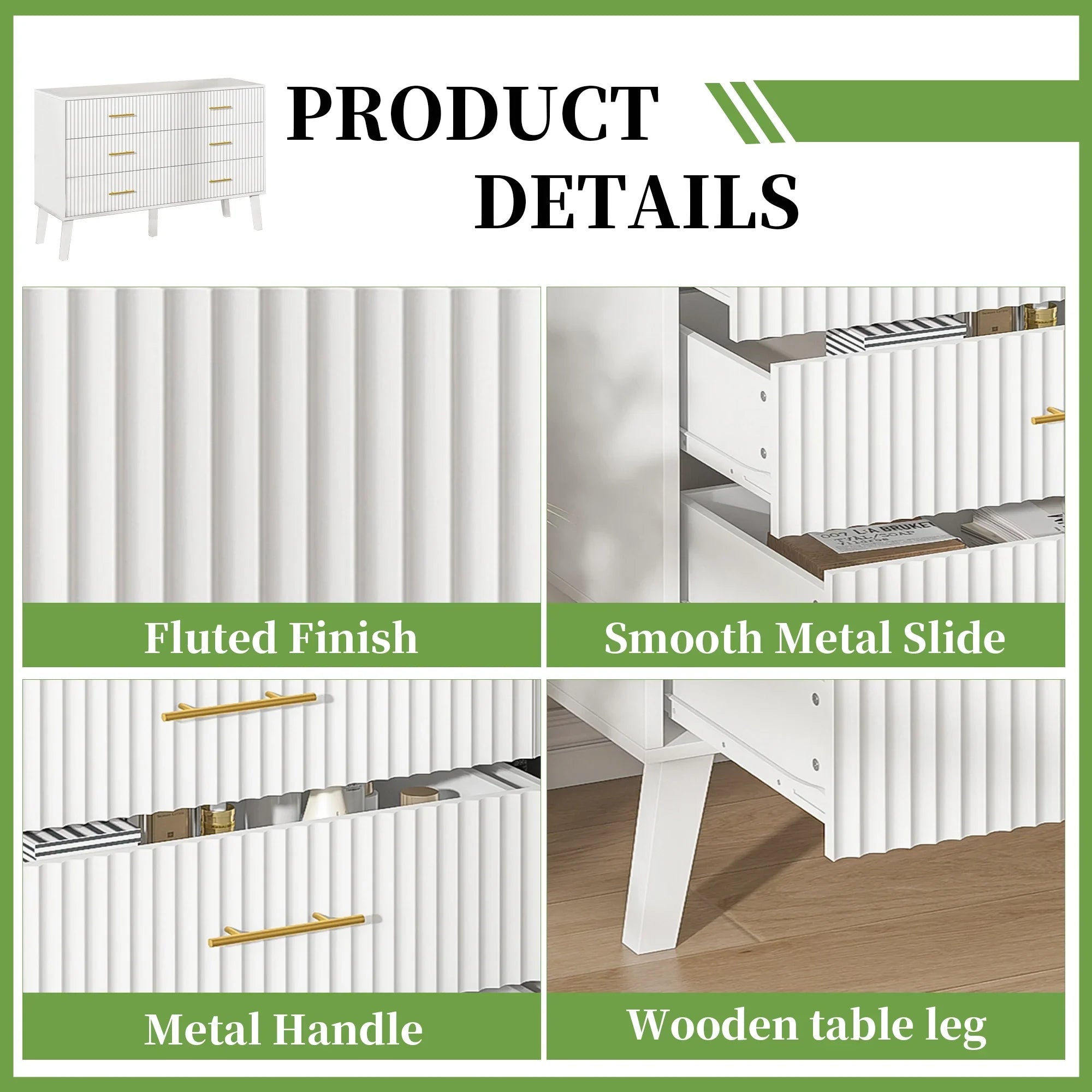 2026 New Fluted 6 Drawers Dresser, Wide Modern Chest of Drawers, 6 Drawer Double Dresser - Image 26
