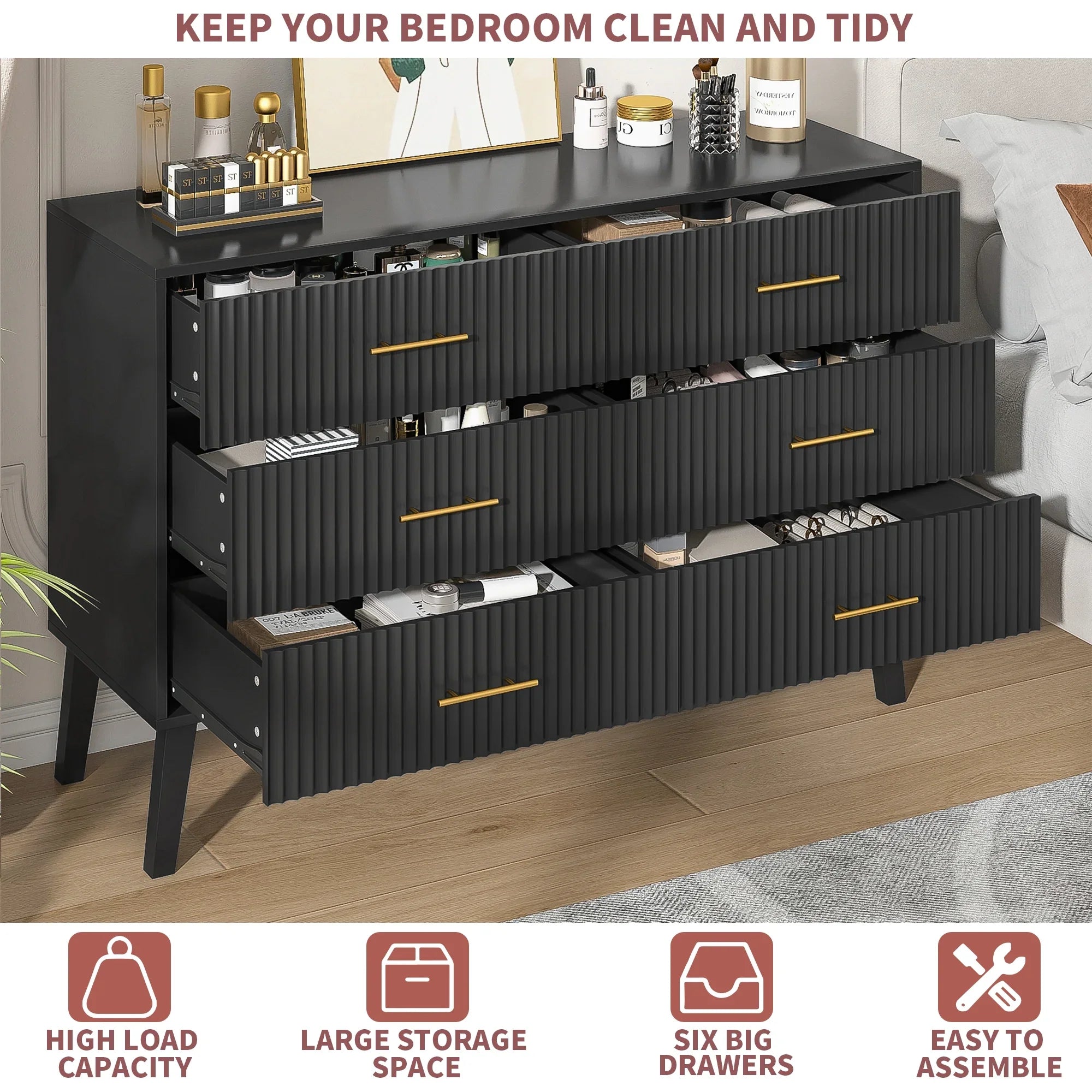 2026 New Fluted 6 Drawers Dresser, Wide Modern Chest of Drawers, 6 Drawer Double Dresser - Image 31