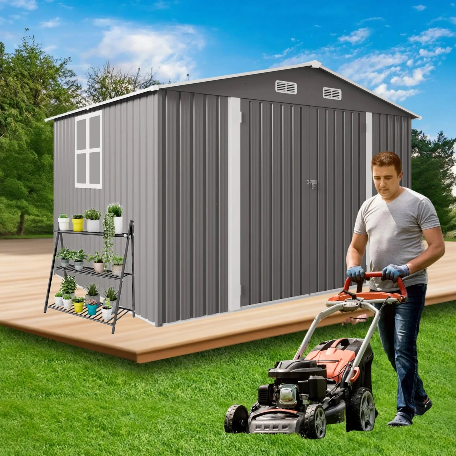 2026 New 10 x 8 FT Outdoor Storage Shed, Large Metal Storage Shed, Lockable Door and Air Vent, Clear Window Garden Tool Shed for Bicycles, Tools, Lawnmowers, Backyards, Patios, Lawns - Gray - Image 4