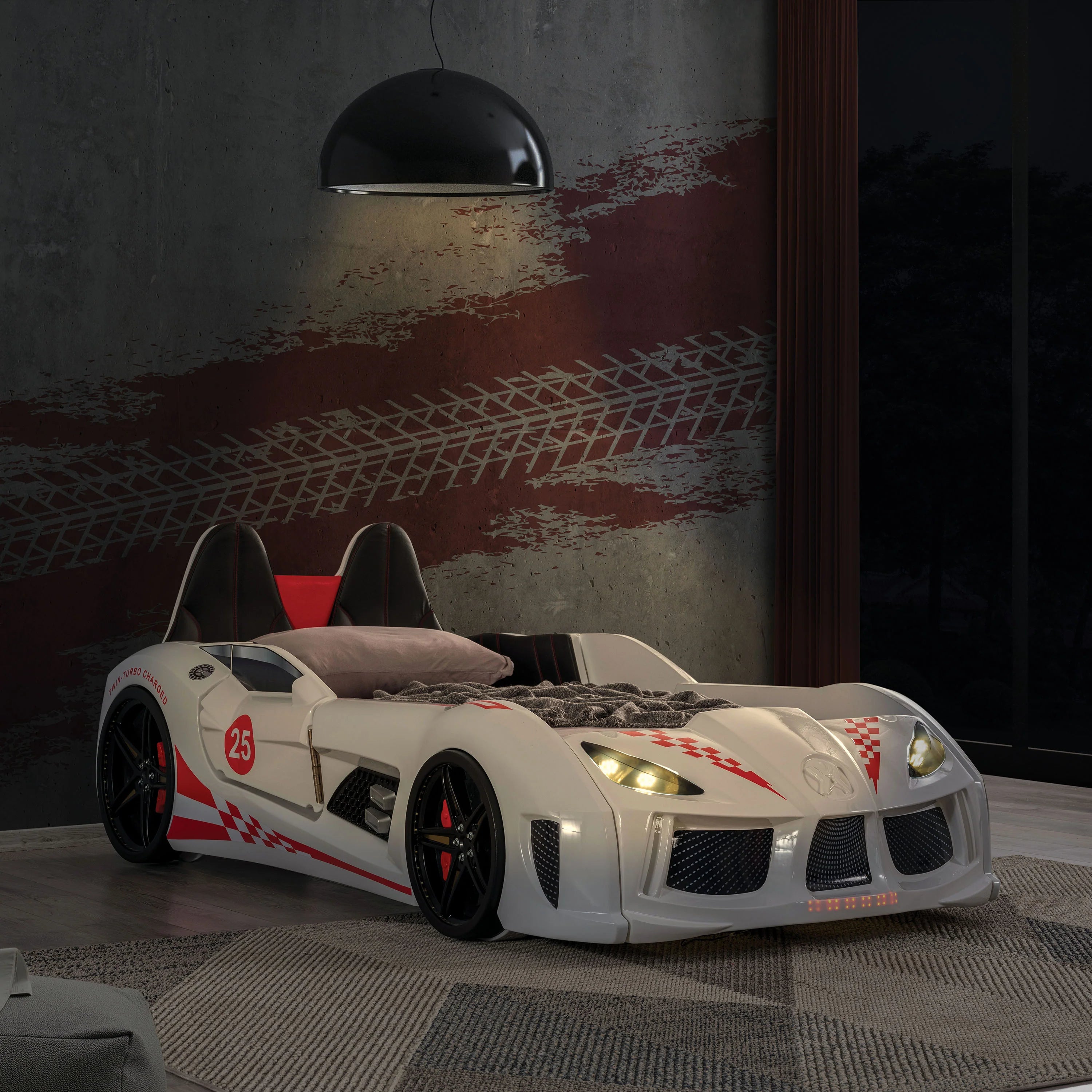 2026 New Furniture of America Dash Kids Plastic Twin Race Car Bed with LED and Sound, White - Image 11