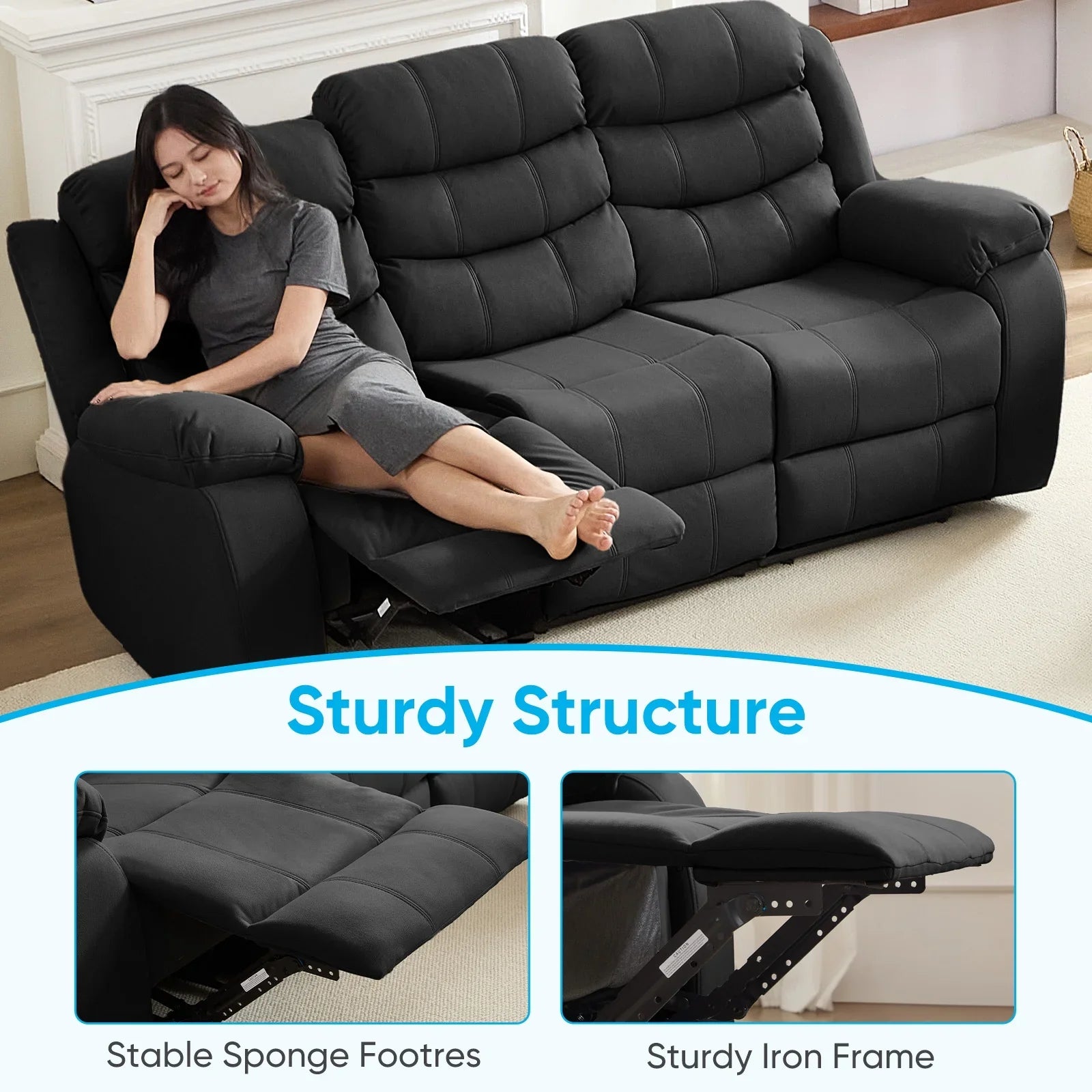 2026 New MUZZ Modern Reclining Sofa,3-Seater Recliner Sofa with Cup Holders, Flip-Up Storage, Reversible Backrest and Footrest, Gray - Image 5