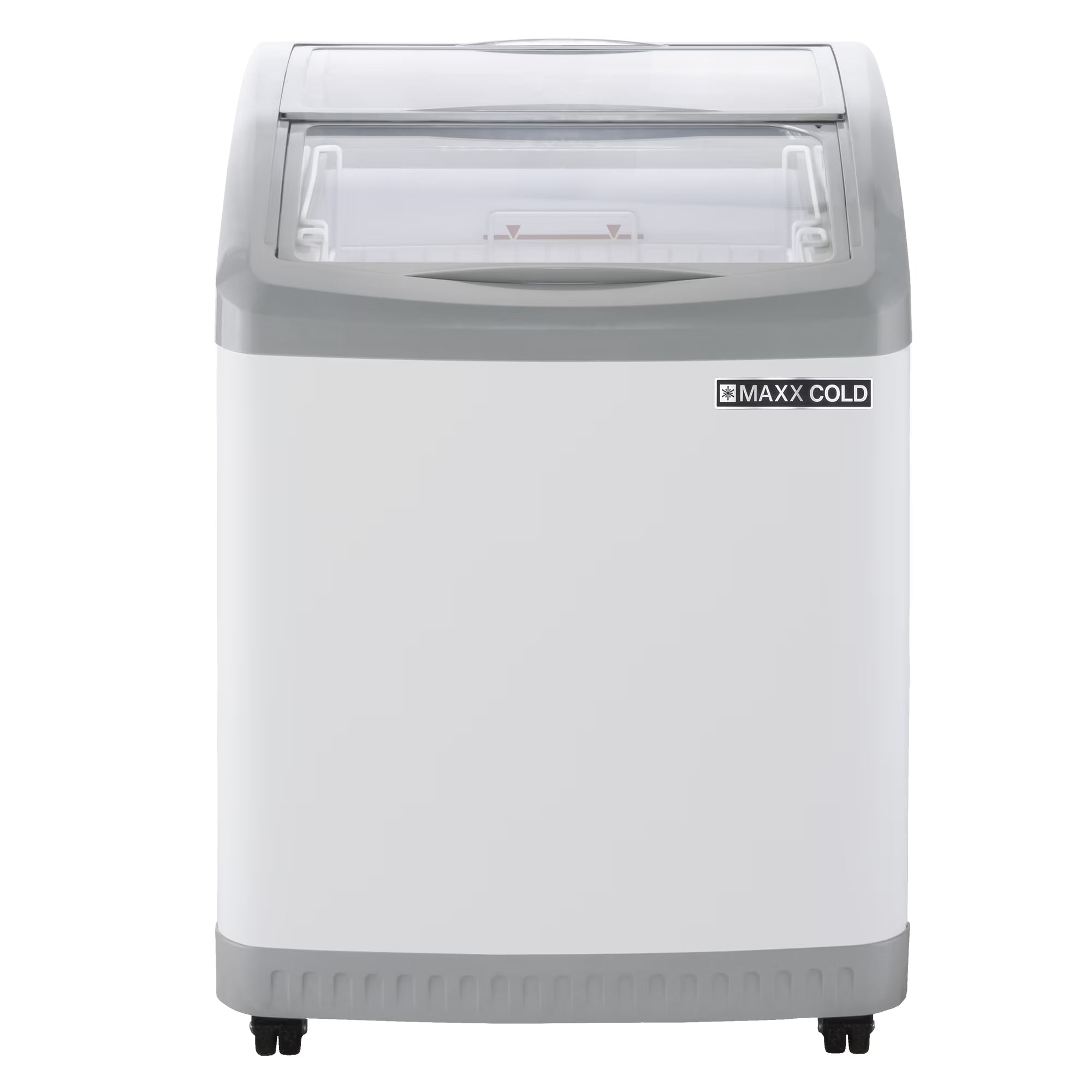 2026 New Maxx Cold Curved Glass Top Chest Freezer Display, 24.6"W, 3.81 cu. ft. Storage Capacity, Equipped with (2) Wire Baskets, in White (MXF25CHC-2)