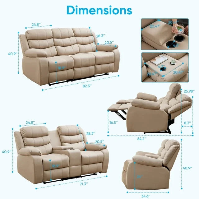2026 New MUZZ Modern Reclining Sofa,3-Seater Recliner Sofa with Cup Holders, Flip-Up Storage, Reversible Backrest and Footrest, Gray - Image 10