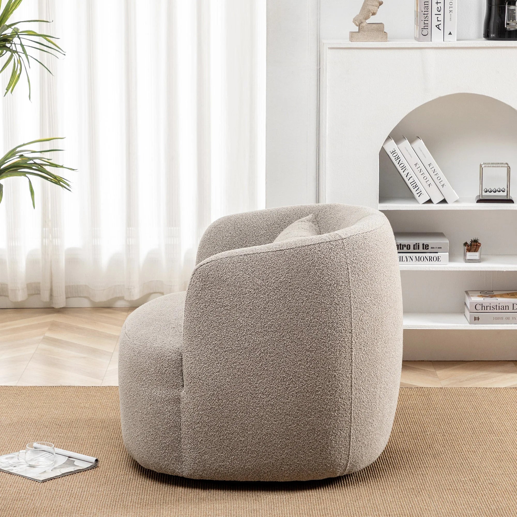2026 New 34" Wide Boucle Swivel Barrel Chair, No Assembly Round Upholstered Armchair Accent Chair Single Sofa Chair with Toss Pillow for Living Room and Bedroom, Taupe - Image 11