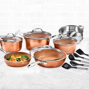 2026 New Gotham Steel Hammered 15 Pc Ceramic Pots and Pans Set Non stick, Cookware Set Nonstick for Kitchen with Utensils, Pots and Pans for Cooking, Non Toxic Cookware Sets, Oven and Dishwasher Safe, Copper