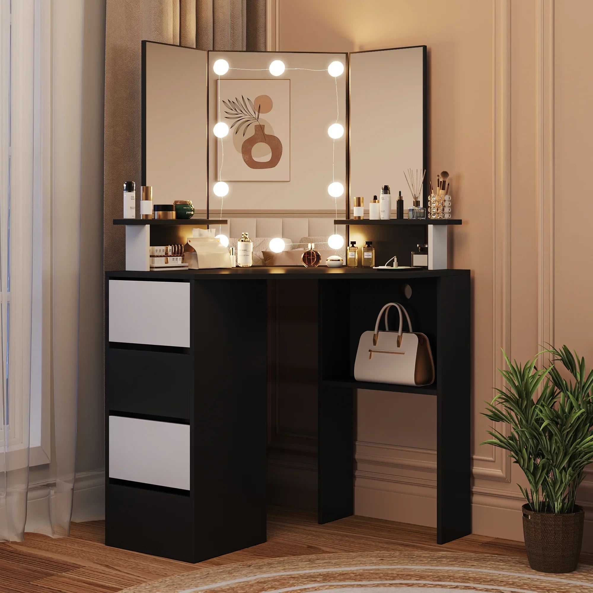 2026 New Veanerwood White Corner Vanity Desk with Mirror and Light,Makeup Table with 4 Drawers and Charging Station for Bedroom - Image 15