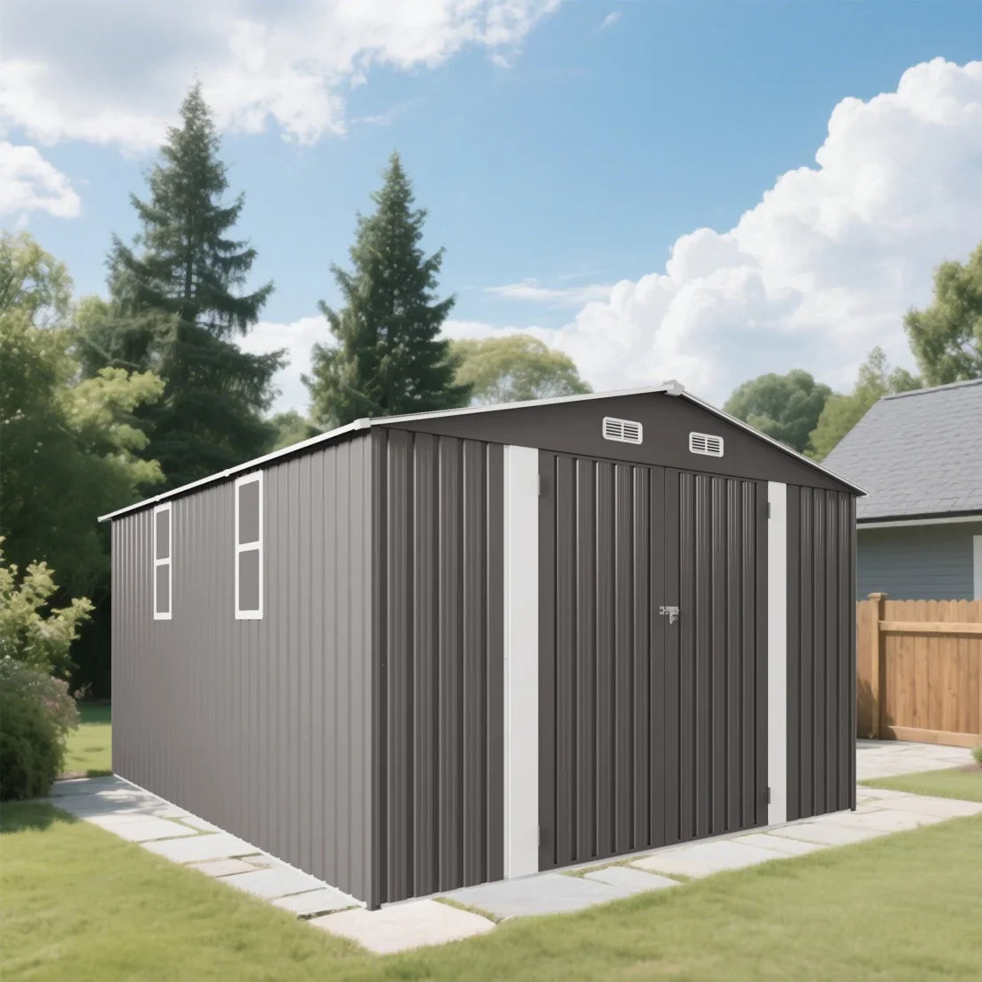 2026 New 10 x 8 FT Outdoor Storage Shed, Large Metal Storage Shed, Lockable Door and Air Vent, Clear Window Garden Tool Shed for Bicycles, Tools, Lawnmowers, Backyards, Patios, Lawns - Gray - Image 9
