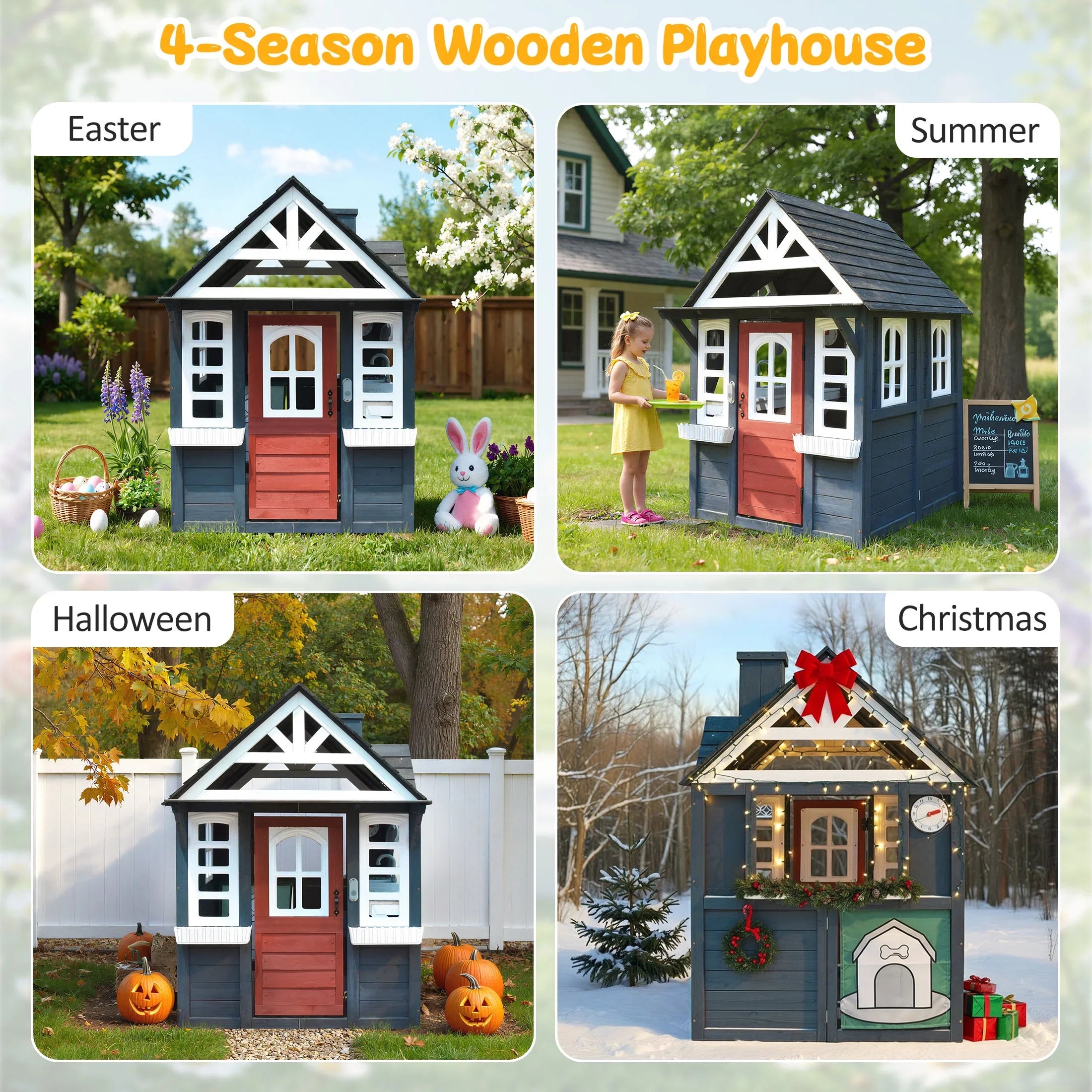 2026 New COCLUB Outdoor Playhouse for Kids Ages 4-8, Wooden Play House with Doorbell, Phone, Kitchen Toys, Outdoor Kids Play Equipment, Casa Para Niñas (45”L x 65”H), White & Black - Image 18