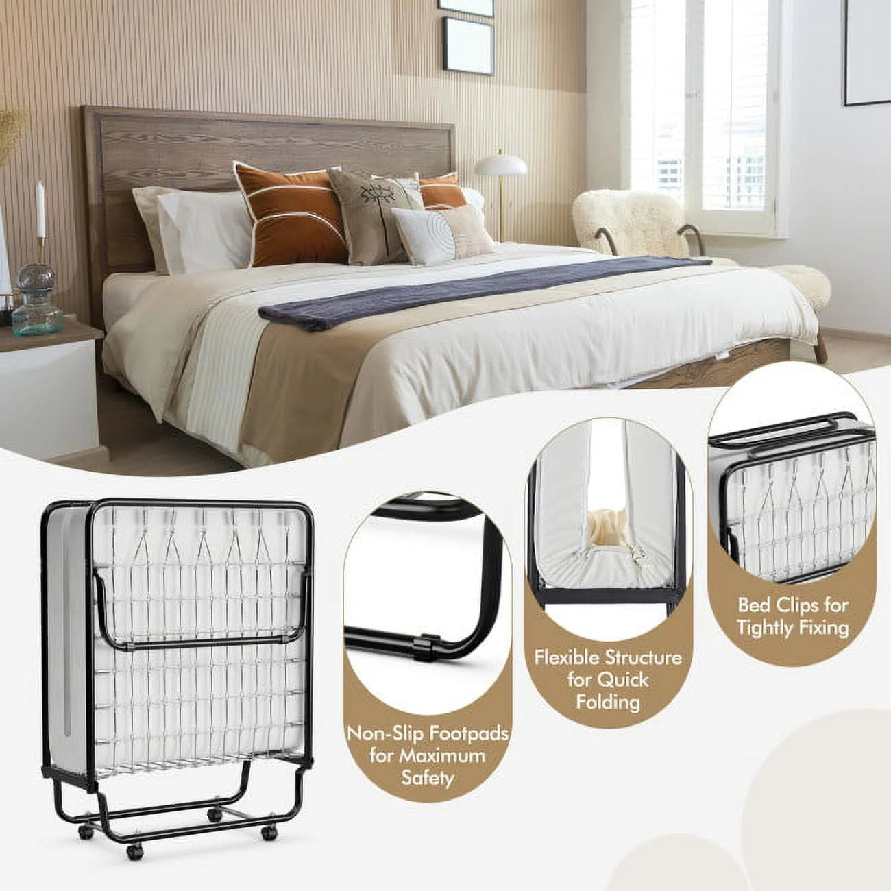 2026 New 75" x 31" x 13" Folding Bed with Mattress, Rollaway Bed Metal Frame on Wheels, Portable Foldable Guest Bed for Adults, Cot Size Fold up Bed with Memory Foam Mattress - Image 5