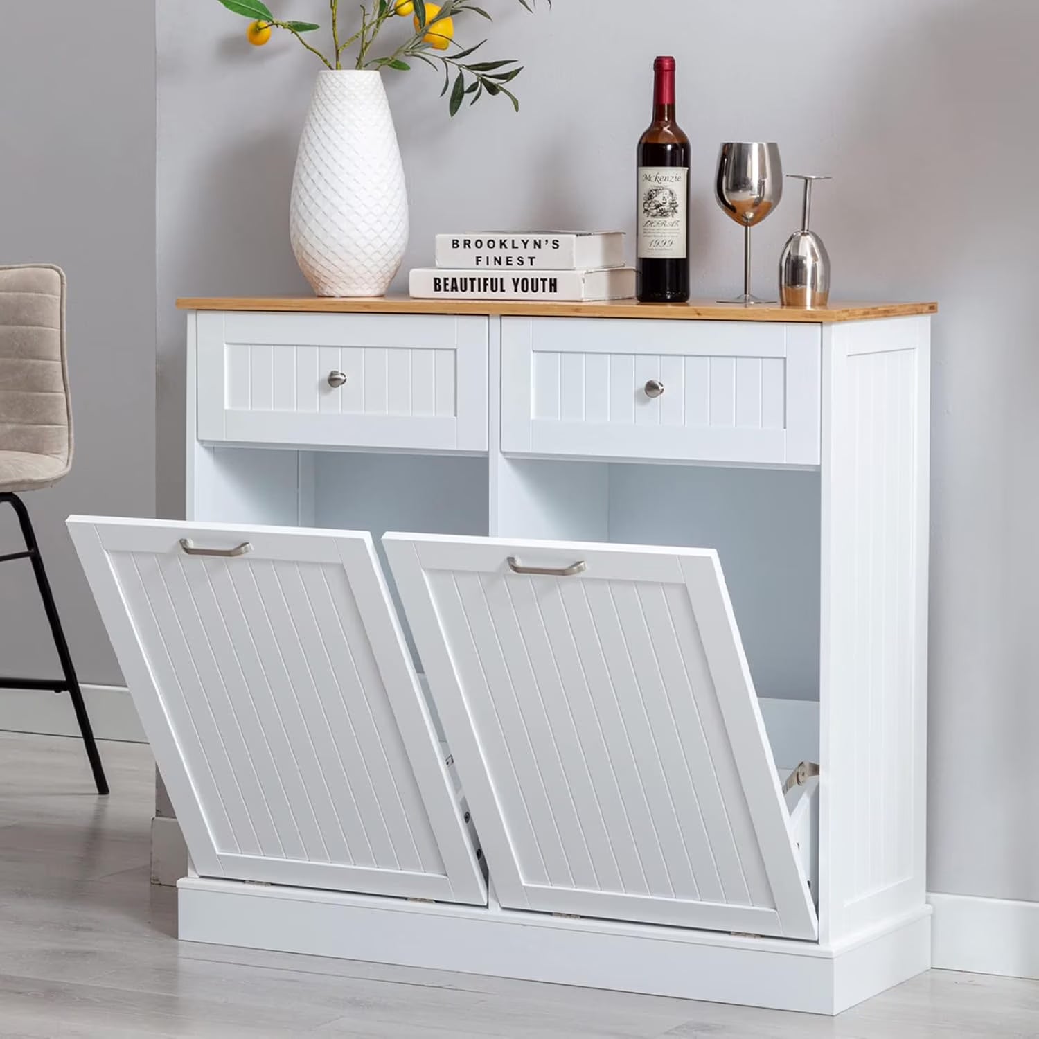 2026 New Hlivelood Double Trash Cabinet Tilt Out 20 Gallon, Pet Proof Kitchen Trash Cabinet Laundry Hamper with Cutting Board, Wood Garbage Recycling Station Hideaway Trash Holder Drawers