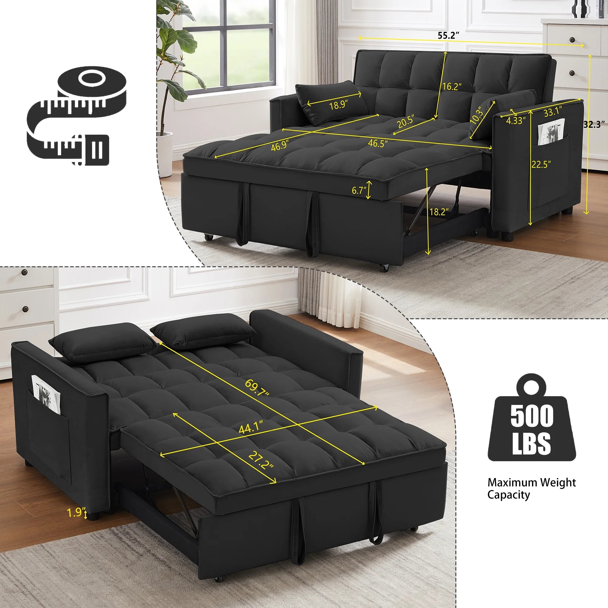 2026 New Convertible Sofa Bed,3-in-1 Sleeper Sofa with Pull Out Bed,Velvet Highly Elastic Sponge Futon Couch Loveseat with Adjustable Backrest and 2 Pillows for Living Room,Gray - Image 20