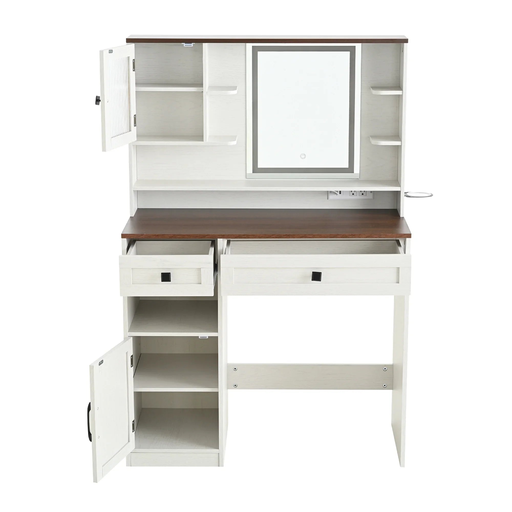 2026 New Farmhouse Makeup Vanity Desk with Mirror and Lights,Dressing Table Set with Charging Station and Stool,Drawers,Shelves and Side Cabinet,White - Image 14