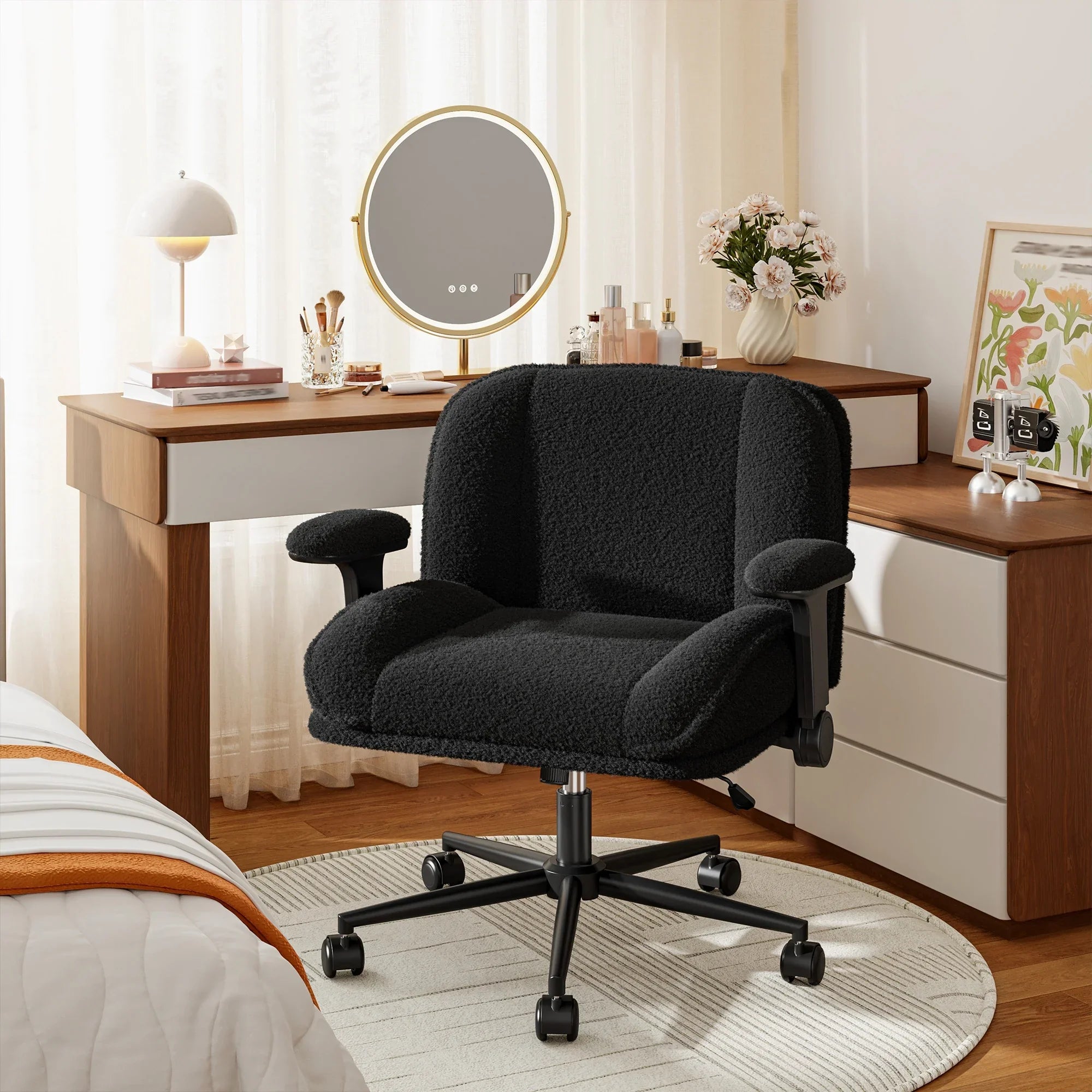 2026 New Romorgniz Criss Cross Chair with Adjustable Arms & Lumbar Support Office Chair with Reclining Back, Thick Cushion & Wheels for Office, Gaming, Reading, Vanity, Off-White - Image 23