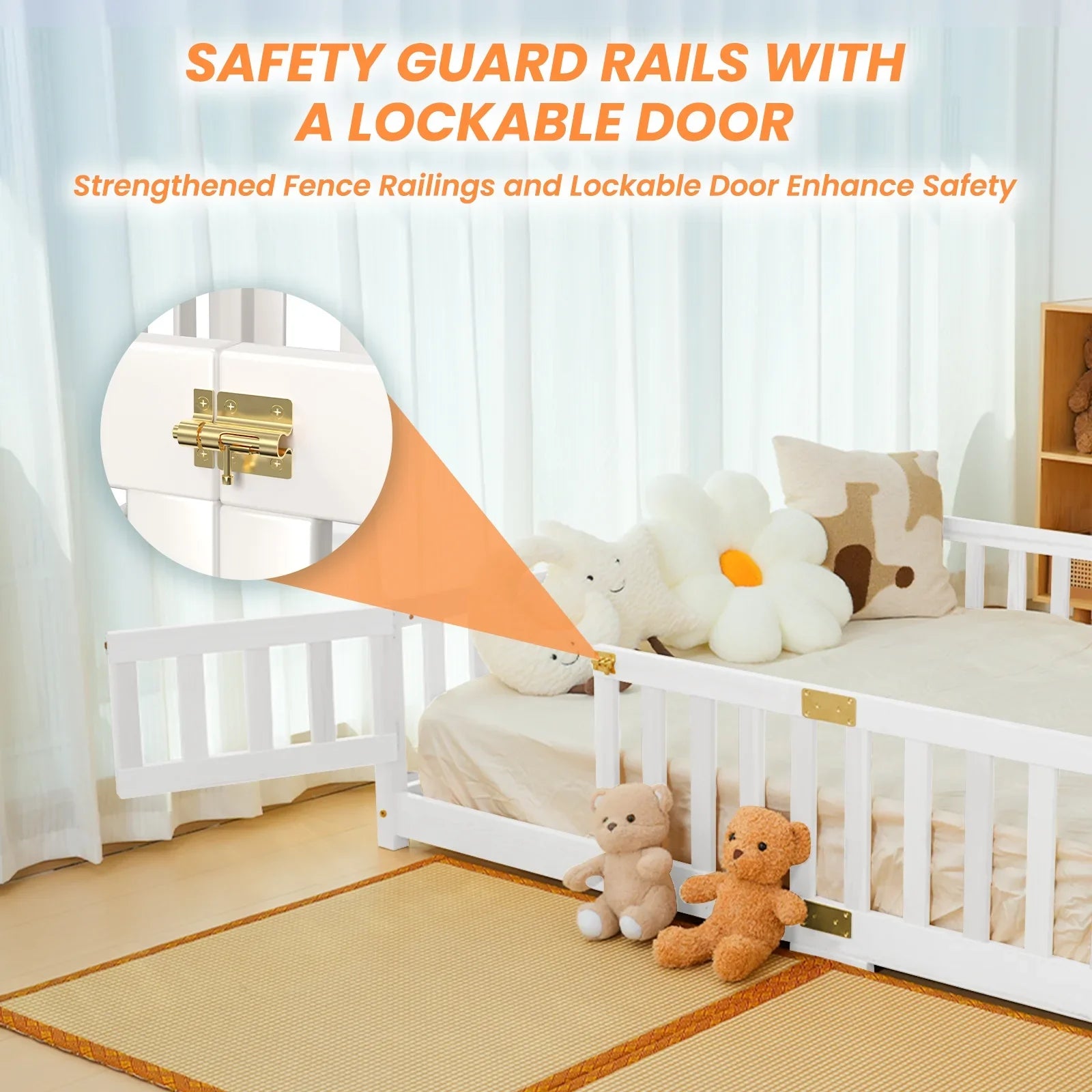 2026 New Slsy Twin Size Toddler Floor Bed, Solid Wood Montessori Bed Frame with Fence & Door Montessori Floor Bed Crib with Safety Guardrails for Girls and Boys - Image 14