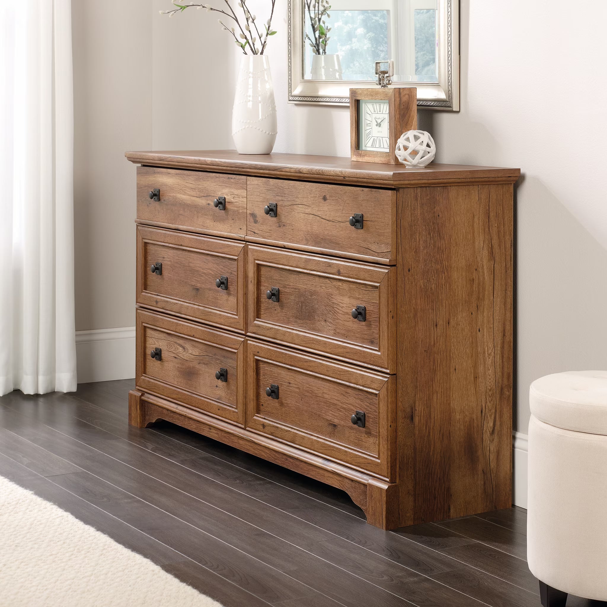 2026 New Sauder Palladia 6-Drawer Bedroom Dresser, Vintage Oak Finish