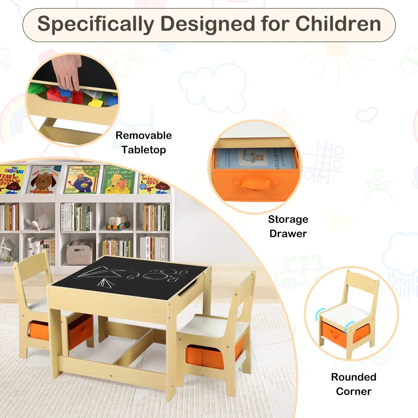 2026 New LINLUX Kids Table and 2 Chairs Set, Children Activity Table Chairs with Chalkboard/Whiteboard, Grey - Image 14