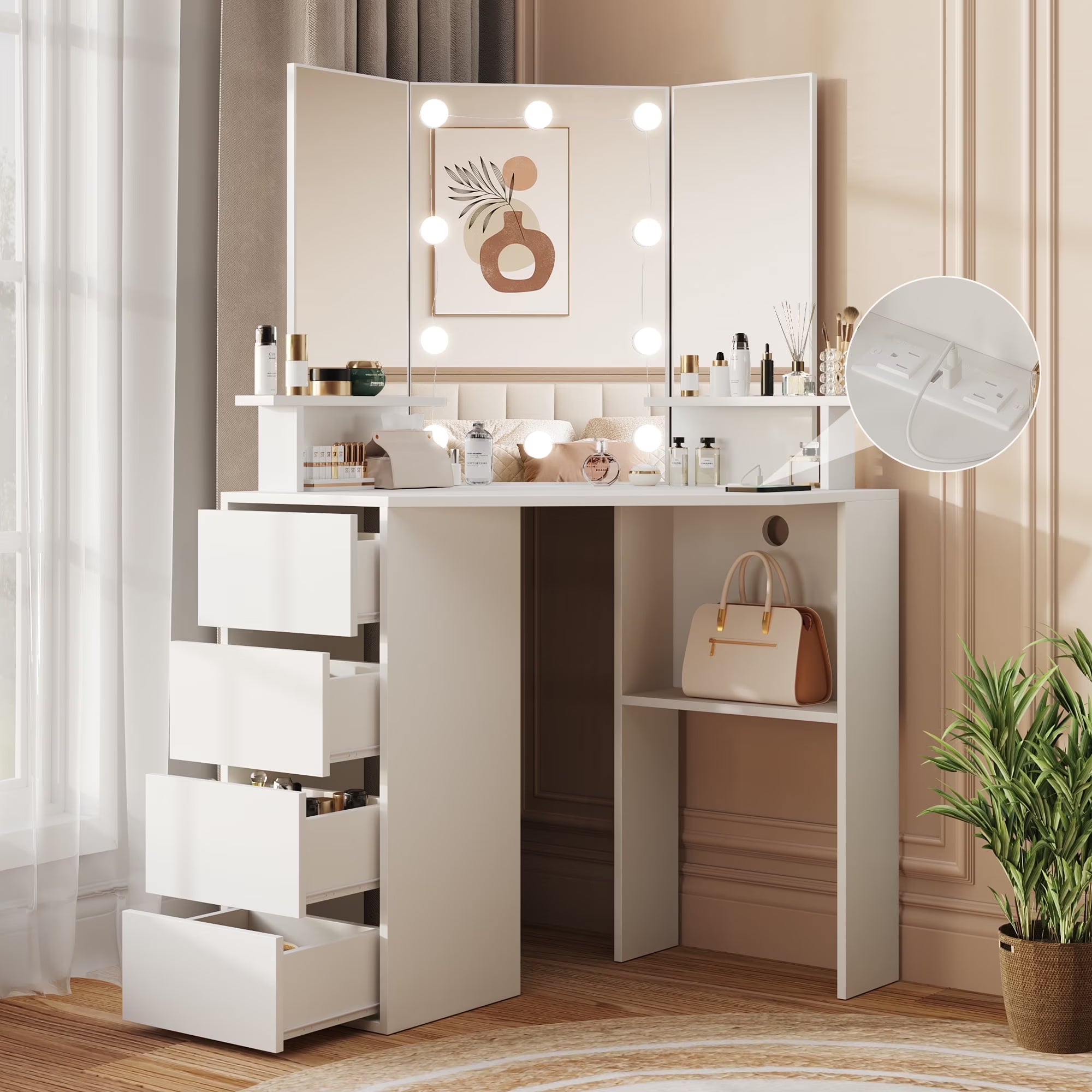2026 New Veanerwood White Corner Vanity Desk with Mirror and Light,Makeup Table with 4 Drawers and Charging Station for Bedroom