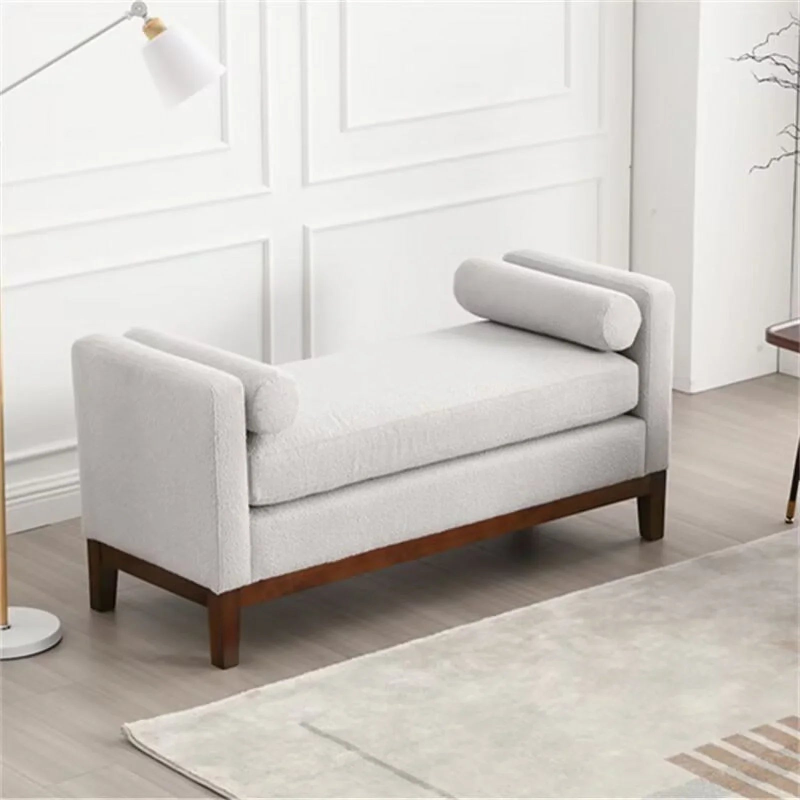 2026 New End of Bed Bench, 53.5" Boucle Fabric Upholstered Entryway Bench with Wood Legs & Bolster Pillows, Rolled Arm Cushioned Ottoman Foot Rest Long Stool Window Extra Seating for Bedroom, Ivory - Image 13