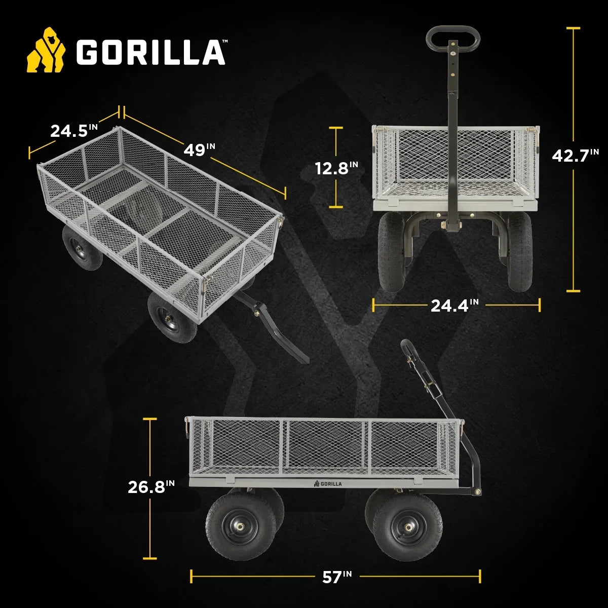 2026 New Gorilla Carts 1000-lb. Capacity Steel Utility Cart, Model #GOR1001-Com, 13-inch Pneumatic Tires - Image 3