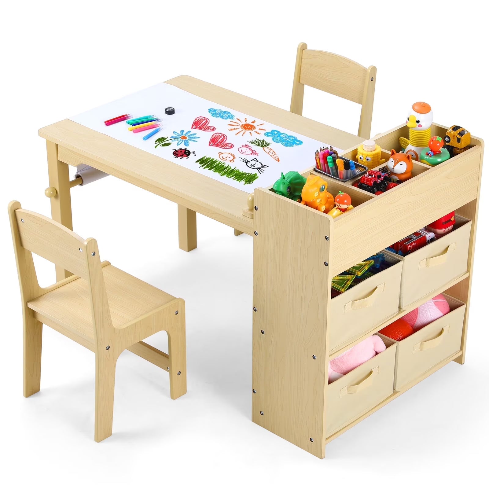 2026 New Pirecart Kids Art Table and 2 Chairs Toddler Craft Set Wooden Play Activity Drawing Table with 4 Storage Bins and Paper Roll