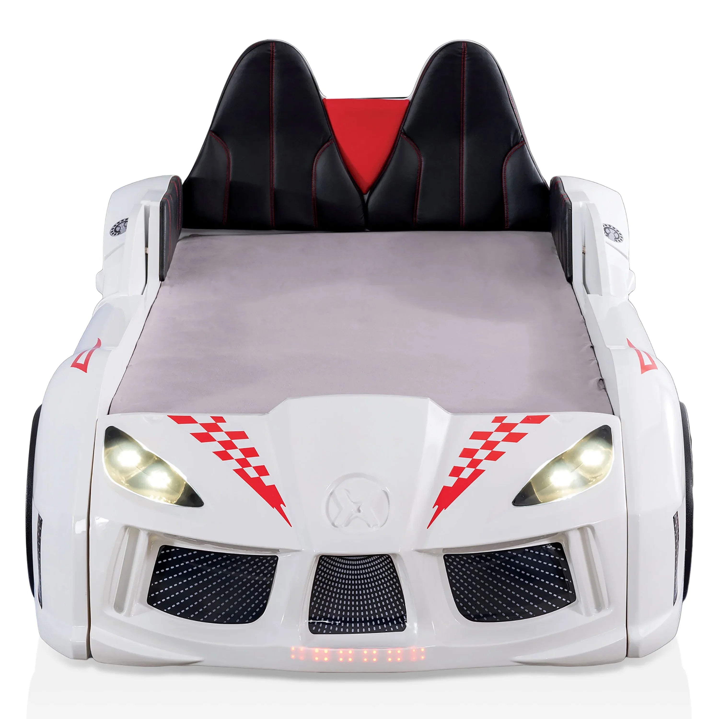 2026 New Furniture of America Dash Kids Plastic Twin Race Car Bed with LED and Sound, White - Image 6