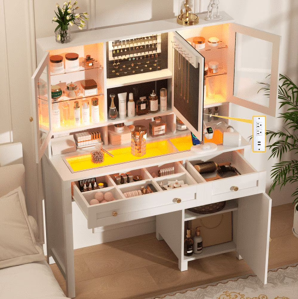 2026 New Semoic White Makeup Vanity Desk with LED Mirror and RGB Lights and Power Outlet, Morden Glass Top Vanity Table with Drawer & Storage Cabinet & Adjustable Shelves, Large Dressing Table for Bedroom