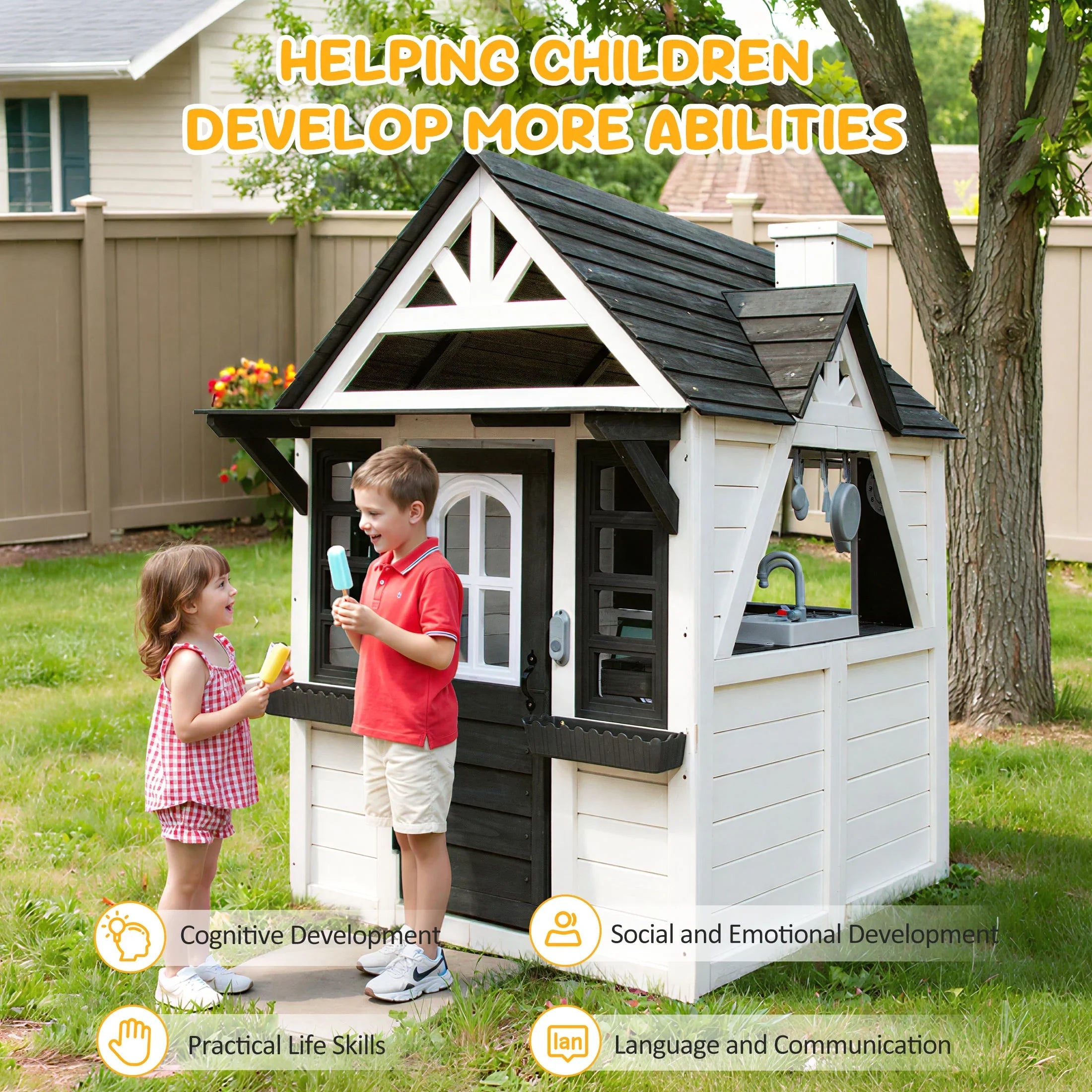 2026 New COCLUB Outdoor Playhouse for Kids Ages 4-8, Wooden Play House with Doorbell, Phone, Kitchen Toys, Outdoor Kids Play Equipment, Casa Para Niñas (45”L x 65”H), White & Black - Image 4
