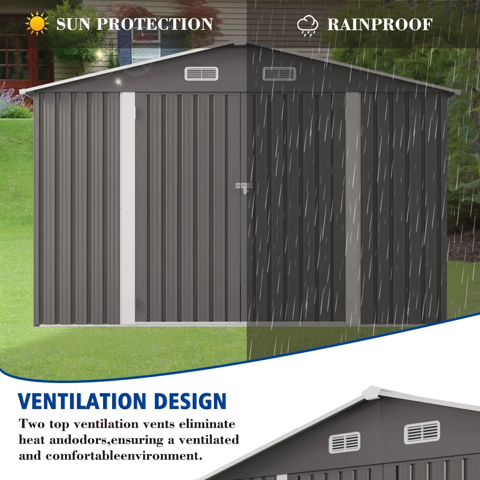 2026 New 10 x 8 FT Outdoor Storage Shed, Large Metal Storage Shed, Lockable Door and Air Vent, Clear Window Garden Tool Shed for Bicycles, Tools, Lawnmowers, Backyards, Patios, Lawns - Gray - Image 5