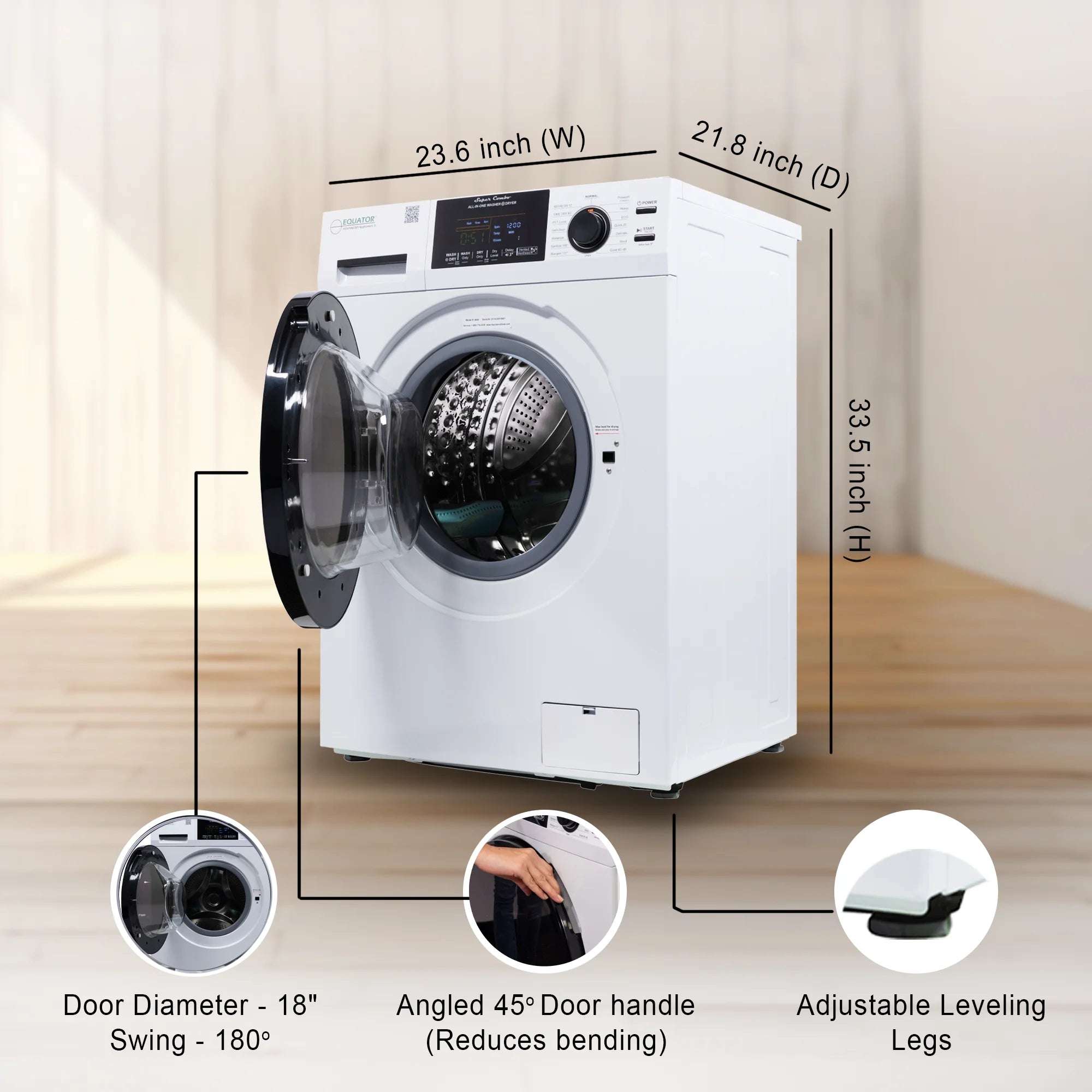 2026 New Equator Combination Washer Dryer Ventless/Vented Pet cycle 1.62cf/15lbs 110V with Adjustable legs - Image 8
