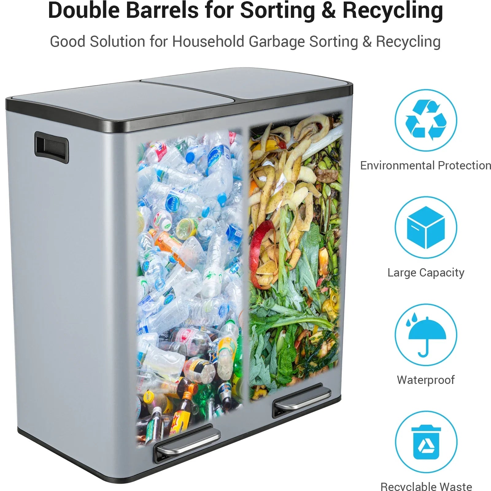 2026 New LAZY BUDDY Dual Garbage Can, Stainless Steel 16 Gallon Step Kitchen Trash Can with Soft-Close Lid, Double Compartment Garbage Recycling Bin - Image 50