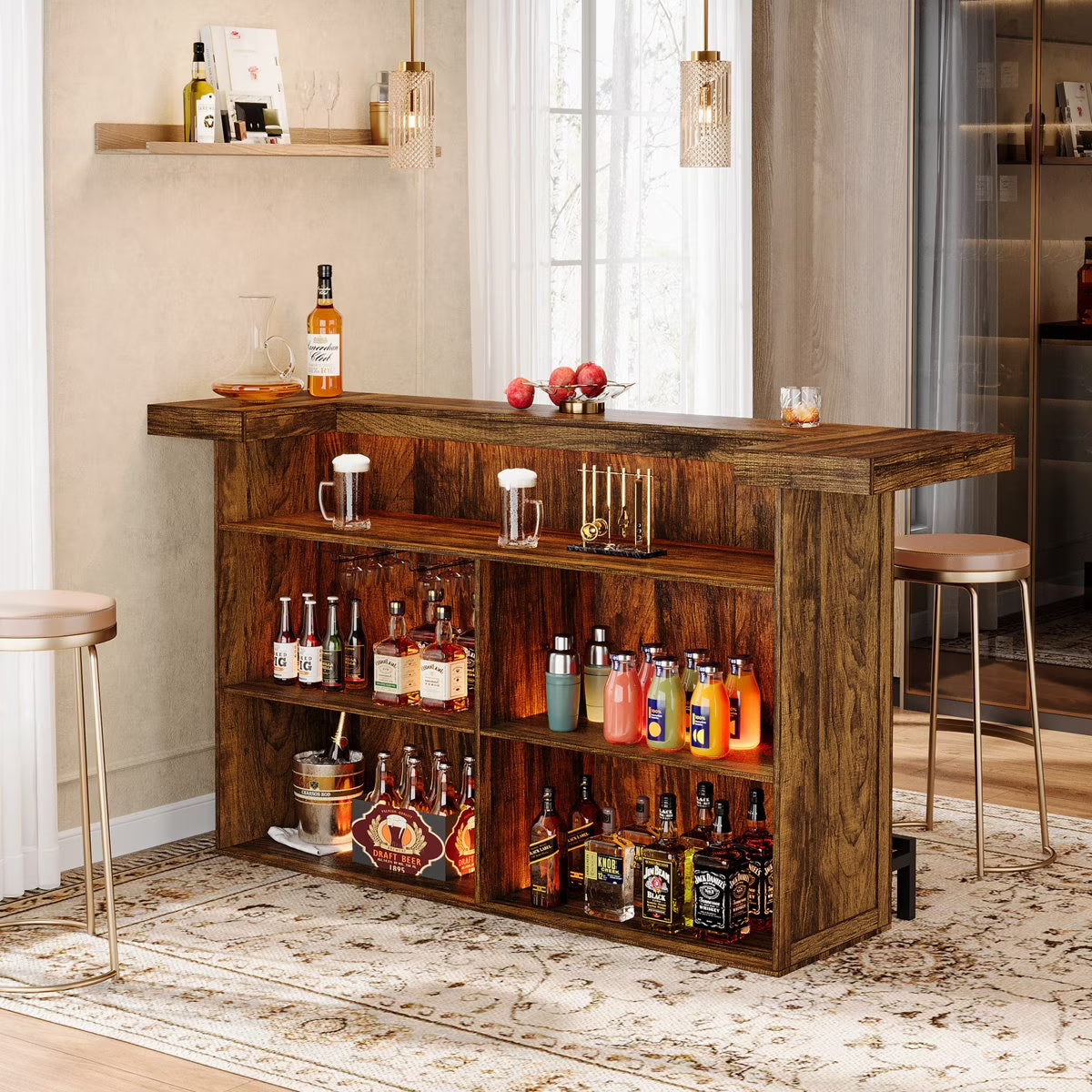 2026 New Tribesigns 4-Tier Bar Table, 70.9-Inch Large Home Bar Cabinet with Wine Glass Holder and Black Footrest, for Kitchen, Dining Room, Living Room, Pub, Rustic Brown