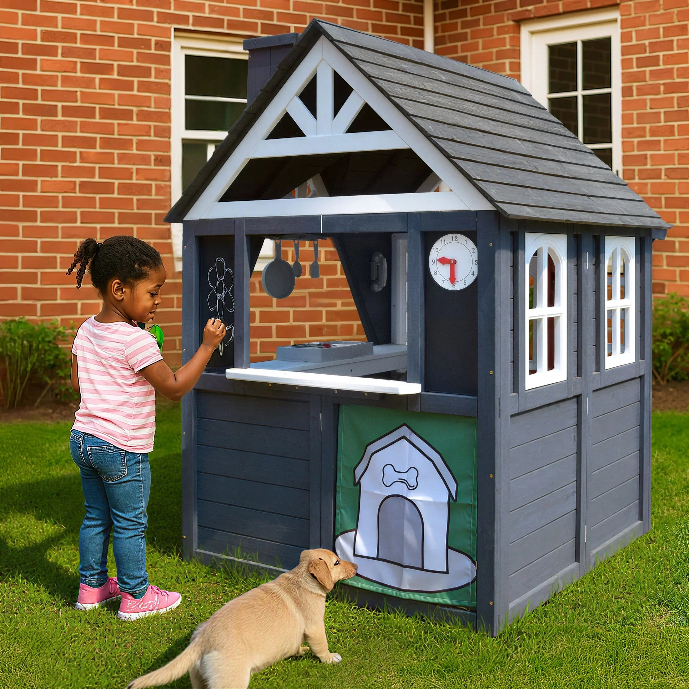 2026 New COCLUB Outdoor Playhouse for Kids Ages 4-8, Wooden Play House with Doorbell, Phone, Kitchen Toys, Outdoor Kids Play Equipment, Casa Para Niñas (45”L x 65”H), White & Black - Image 13