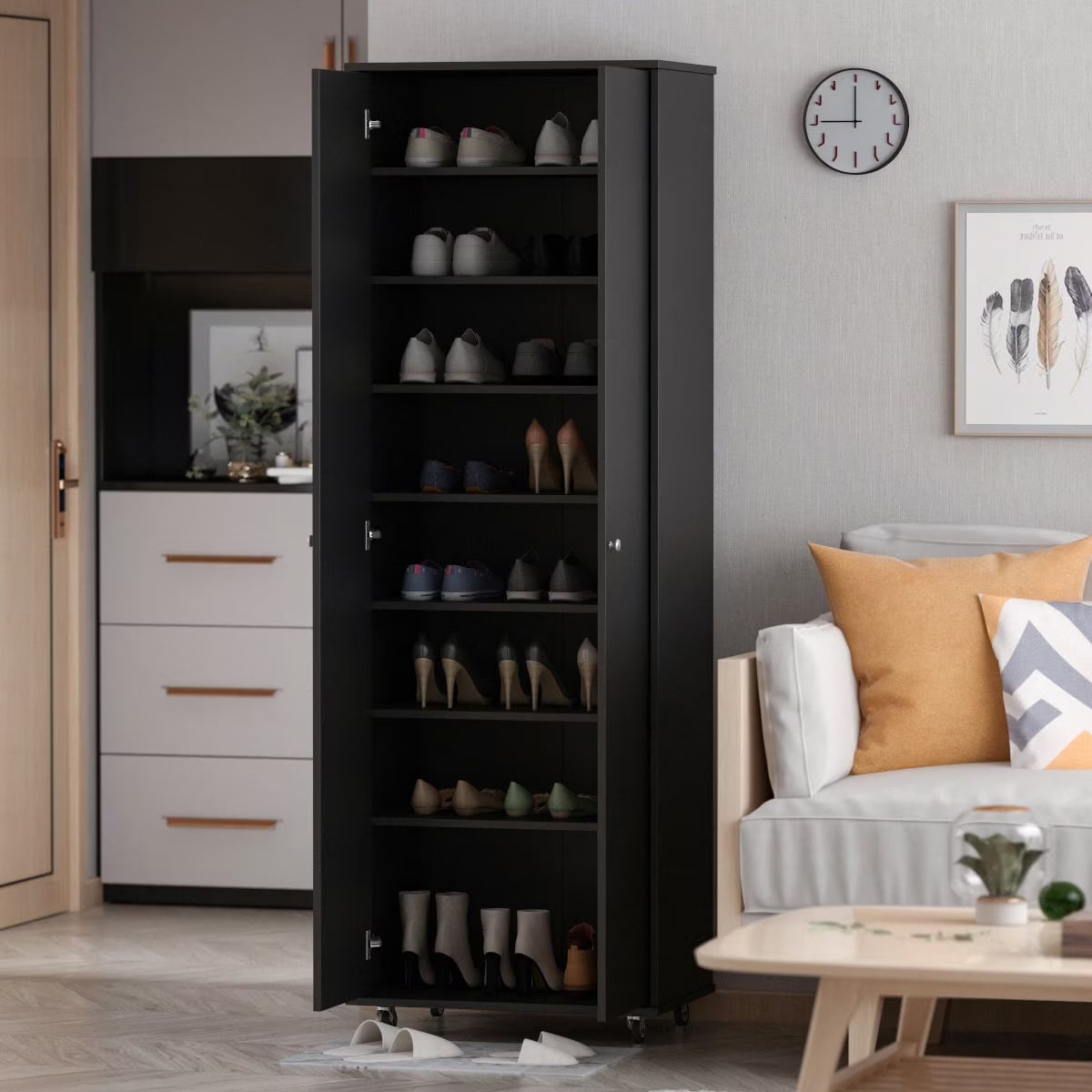 2026 New KULAGAGA 2-Door Tall Shoes Storage Cabinet with Wheels, Modern 8-Tier Wood Shoe Rack Storage Organizer for Entryway Hallway Blcak