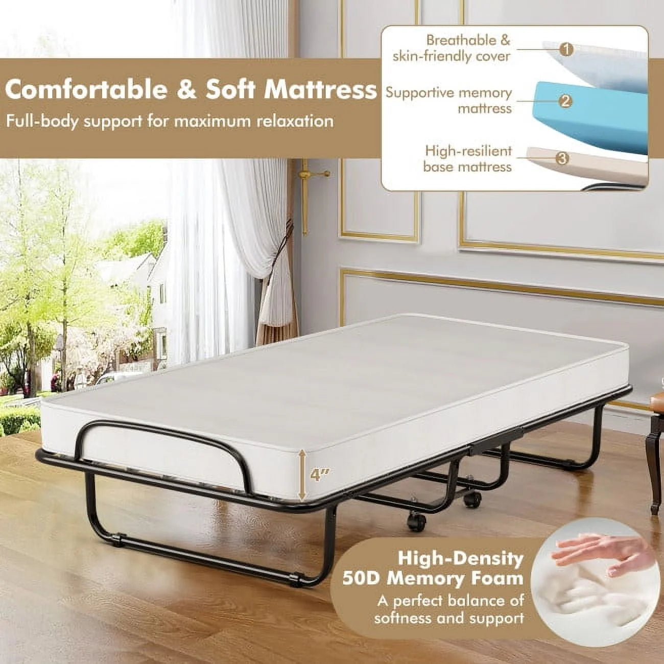 2026 New 75" x 31" x 13" Folding Bed with Mattress, Rollaway Bed Metal Frame on Wheels, Portable Foldable Guest Bed for Adults, Cot Size Fold up Bed with Memory Foam Mattress - Image 7