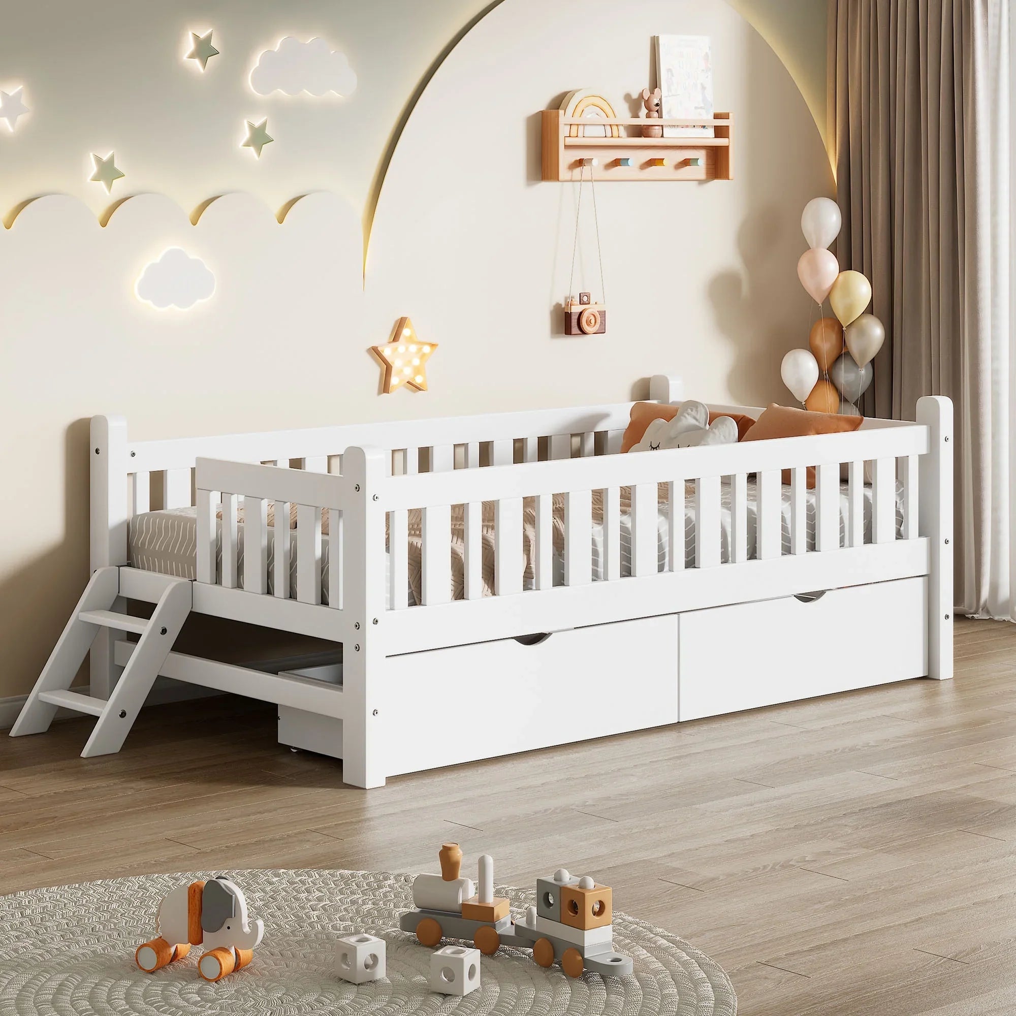 2026 New Euroco Wood Twin Size Platform Bed with 2 Drawers and Ladder for Kids and Toddlers, White - Image 4
