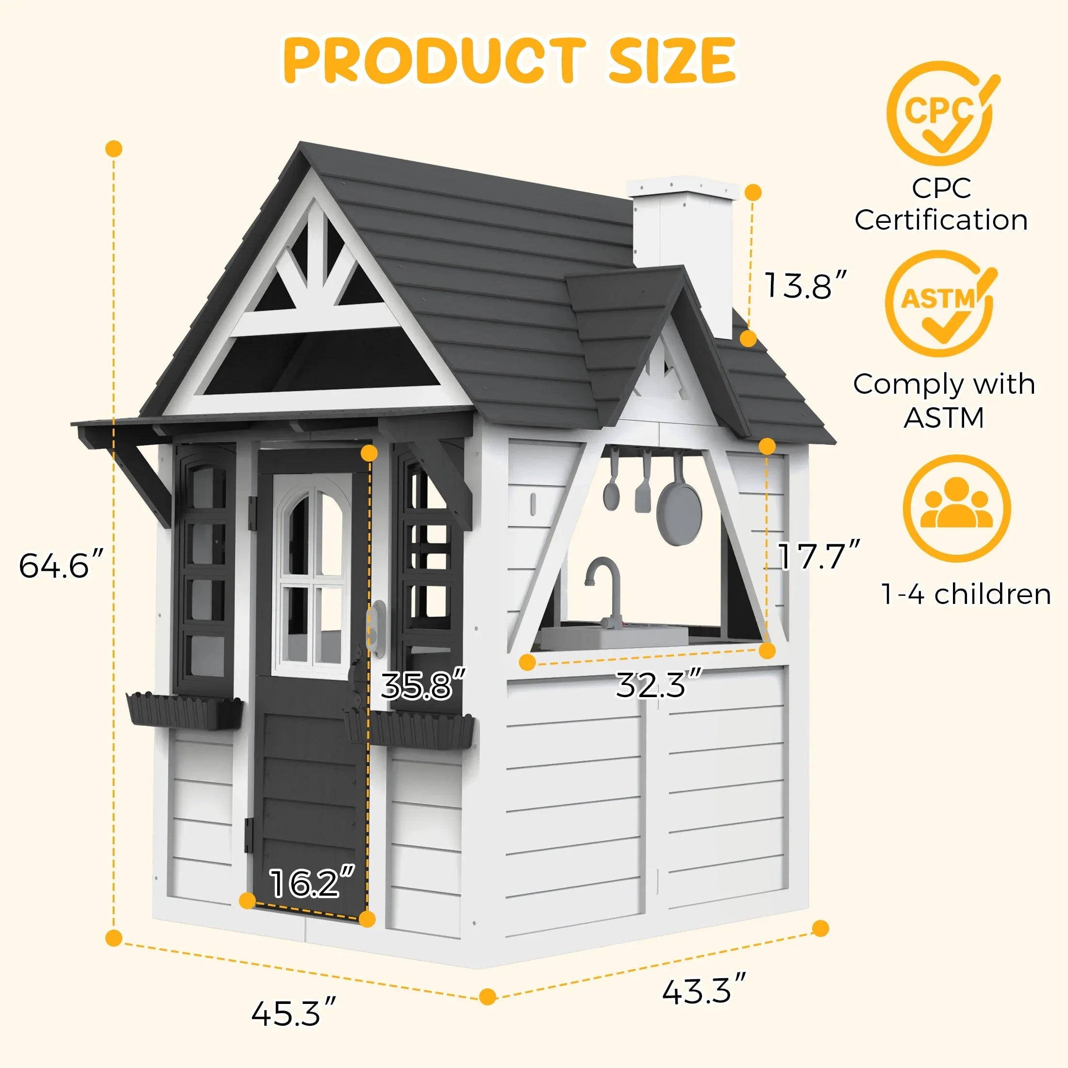 2026 New COCLUB Outdoor Playhouse for Kids Ages 4-8, Wooden Play House with Doorbell, Phone, Kitchen Toys, Outdoor Kids Play Equipment, Casa Para Niñas (45”L x 65”H), White & Black - Image 11