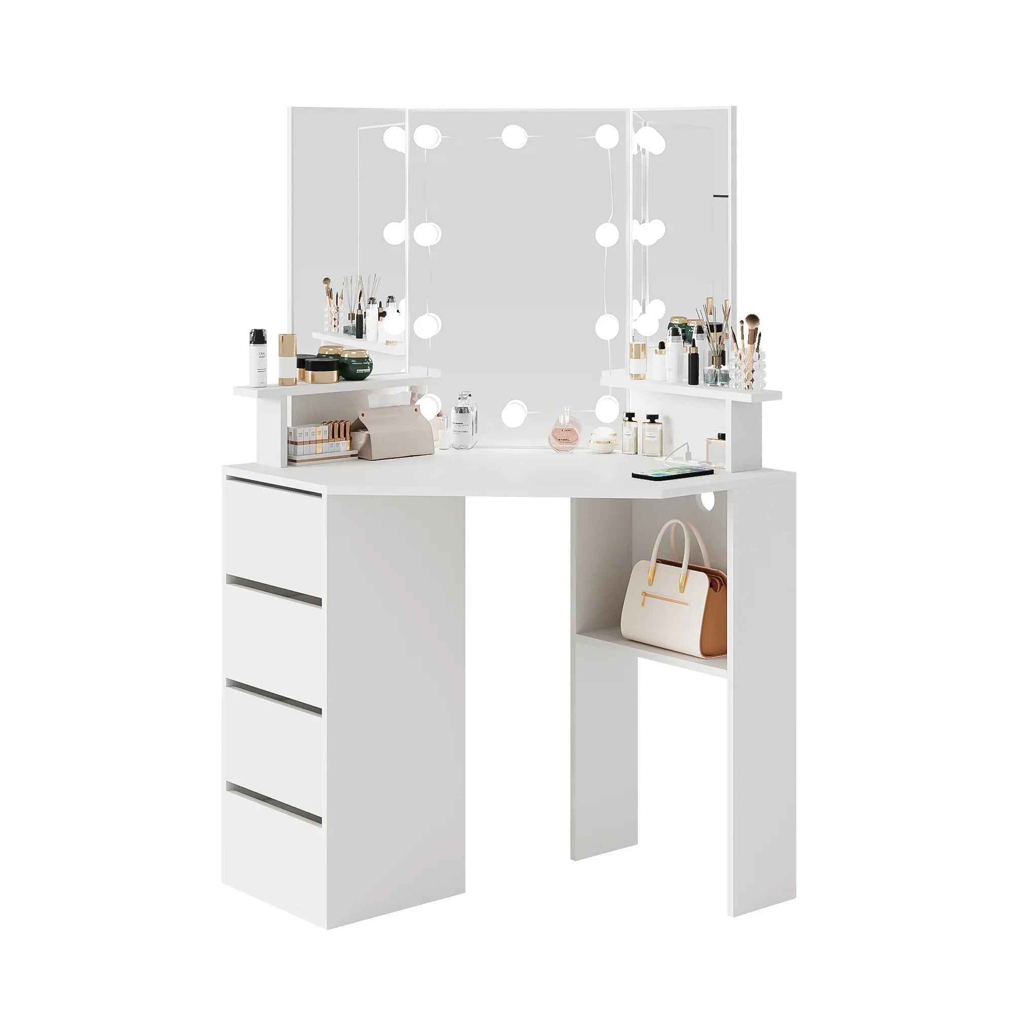 2026 New Veanerwood White Corner Vanity Desk with Mirror and Light,Makeup Table with 4 Drawers and Charging Station for Bedroom - Image 8